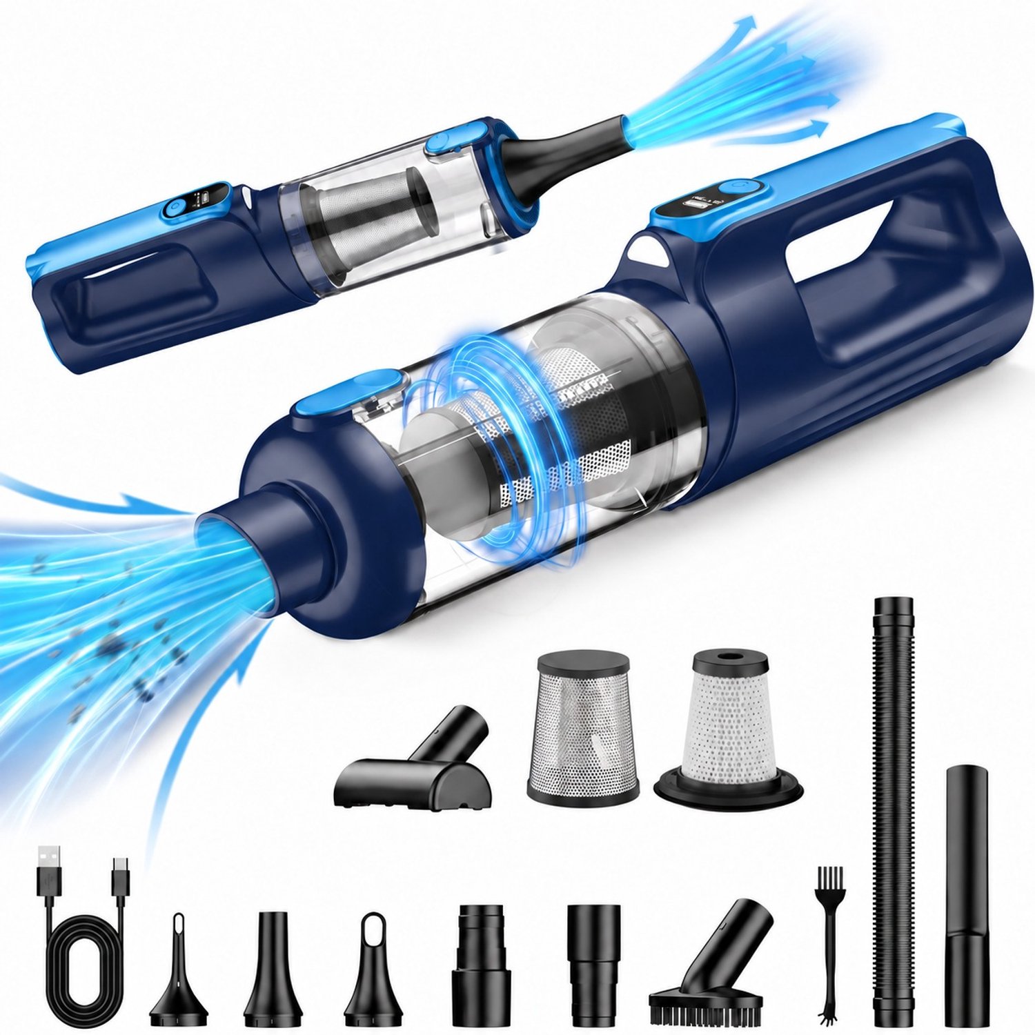 Bollit 2-in-1 Handstofzuiger - Kruimeldief & Air Duster - 10 Opzetstukken - 19Kpa Zuigkracht - 150W - Zuigen en Blazen - USB-C Snelladen - Autostofzuiger - LED - HEPA-filter