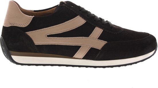 Donkerbruine Gabor sneaker met beige zijstrepen en veters.