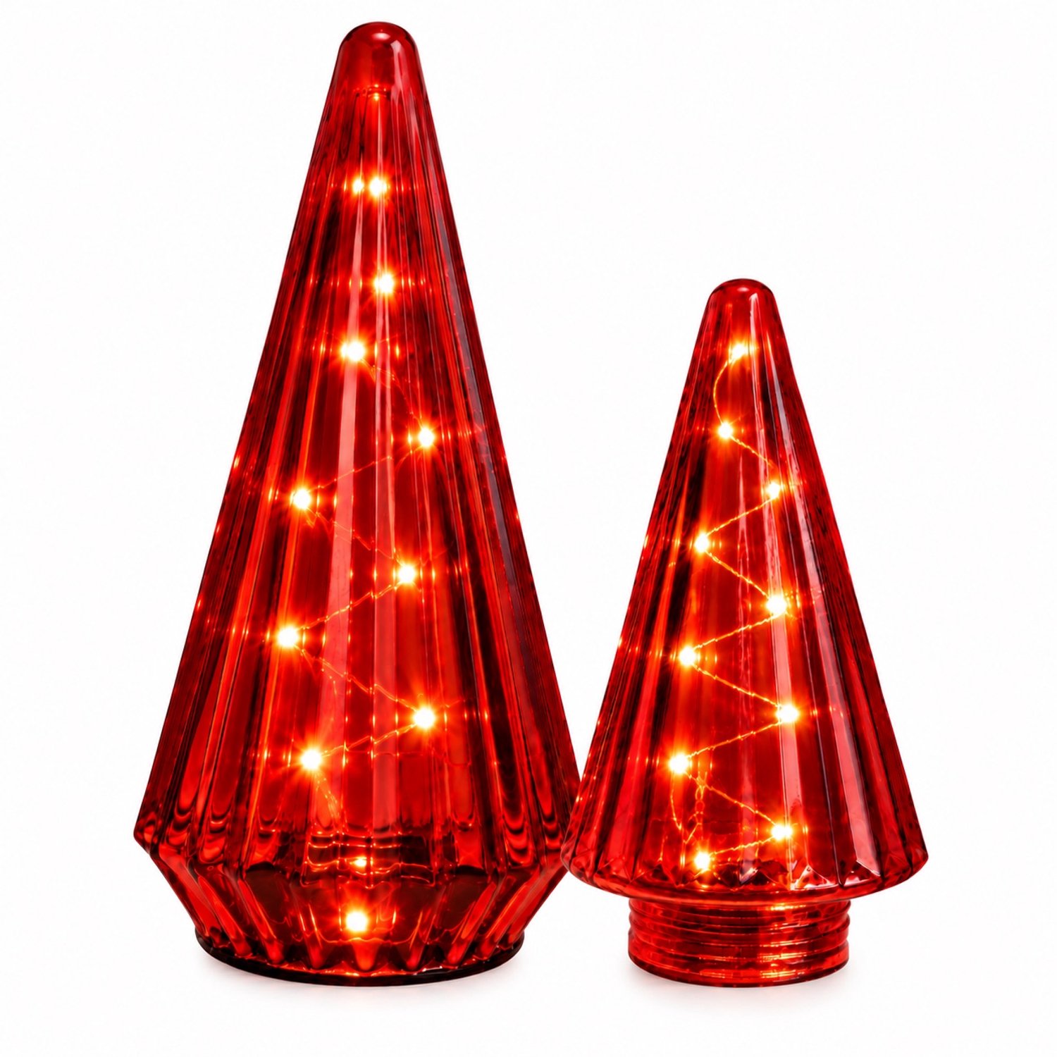 Glazen Kegels S/2 met LED Verlichting – Rood – Kerstboom glas-24 en 33 cm