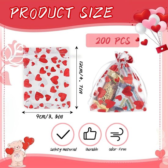 200 stuks organza geschenkzakjes, liefdeshart, organza zakjes, trekkoord, zakjes, 9 x 12 cm, organza sieradenzakjes, gunstzakjes voor Valentijnsdag, bruiloft, Kerstmis, feest, snoep, cadeau — afbeelding 4