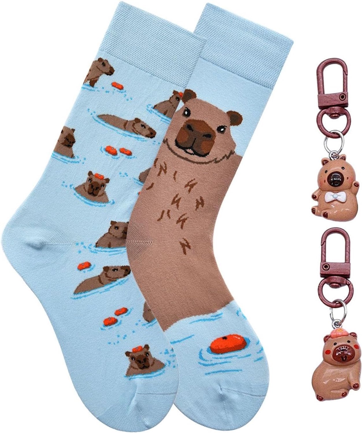1 Paar Capybara Patroon Sokken En 2 Sleutelhangers, Grappige Stijl, Levendige En Opvallende Kleuren, Geschikt Voor Dagelijks Gebruik, Feest Gelegenheden (Alle Maten).