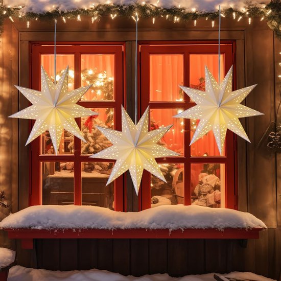 3 stuks 45 cm papieren sterren Kerstmis, lichtgevende sterren, vouwsterren, papieren ster, verlicht om op te hangen, wit, lichtsterren voor ramen — afbeelding 4
