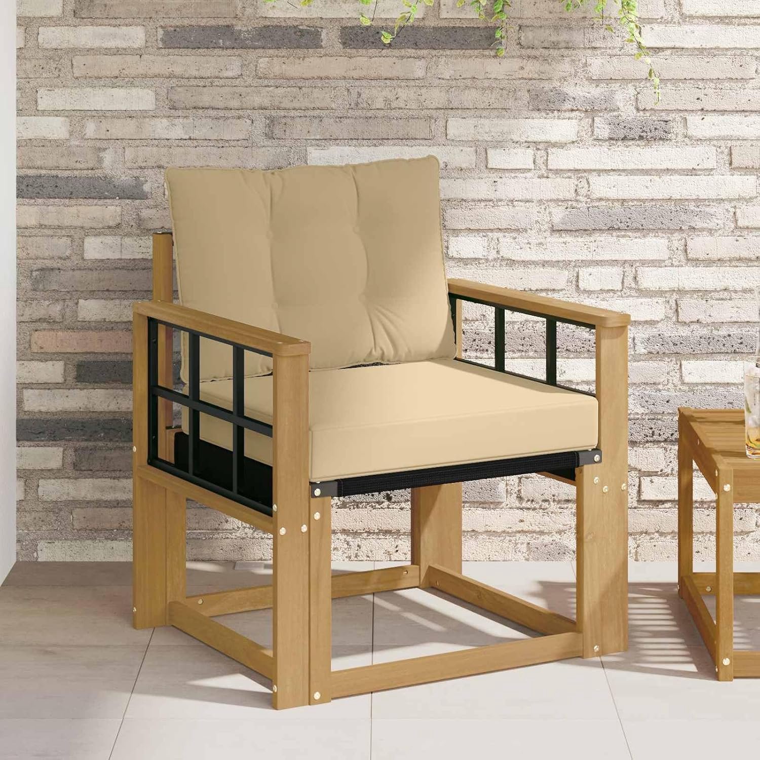 Buitenbank van massief acaciahout en wit textileen, modulaire set voor terras en tuin met gelakt oppervlak, duurzaam design voor ontspanning en gezellige bijeenkomsten