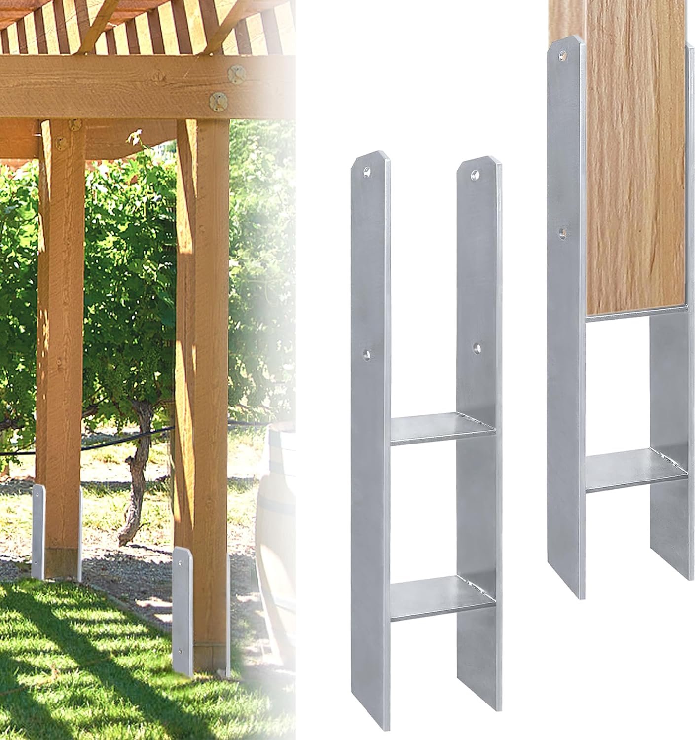 H-paalhouders, 2 stuks, 101 mm, H-anker, thermisch verzinkt, stabiel H-grondanker, vierkante houten palen, paalanker voor carport, omheining, overkapping, totale hoogte 600 mm, materiaaldikte