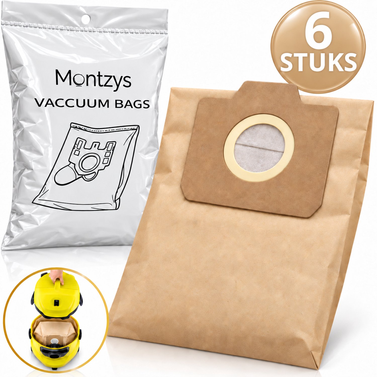 Montzys® Stofzuigerzakken Geschikt voor Kärcher WD3 - 6 Stuks - Papieren Stofzuiger Zakken - Geschikt voor Karcher Nat- en Droogzuiger