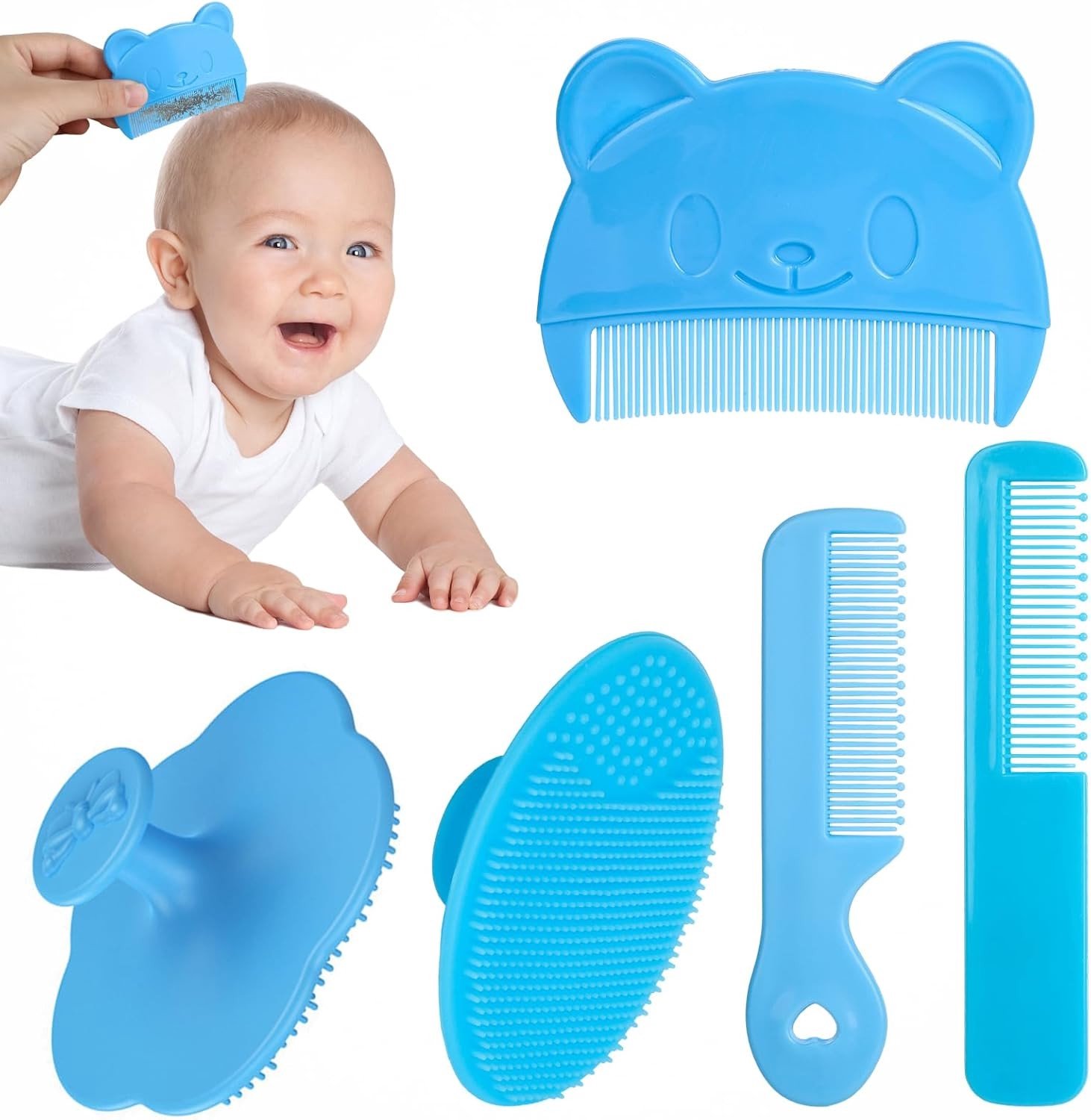 Set van 5 baby haarborstels met zachte kammen en siliconen borstels voor pasgeborenen, ideaal voor verzorging en haarverzorging