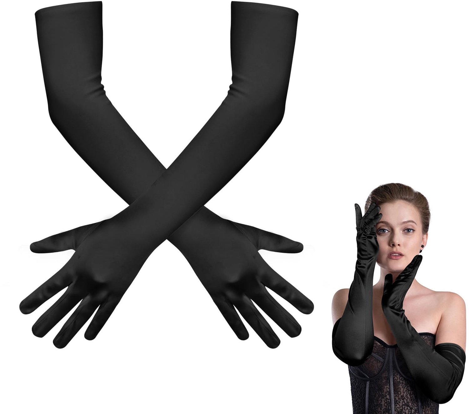 Lange opera satijnen handschoenen dames - elastisch zwart - ellebooglengte - perfect voor bruiloften - ShopVlot