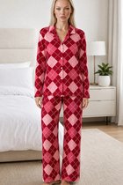 JANE WOLF Dames Pyjama Set 2-delig - Rood/Roze Geruit - Lange Mouw - Lange Broek - Relaxed Fit - Model 4668 Maat L