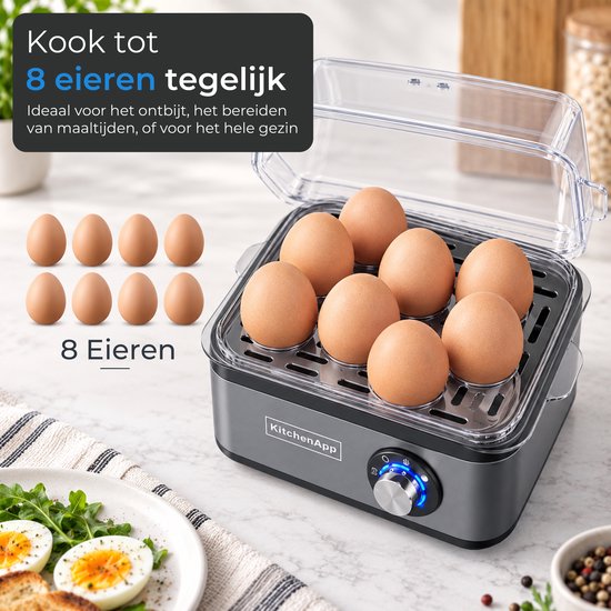 Zilvergrijze eierkoker met 8 eieren, bovenste etage met eieren, onderste etage leeg.