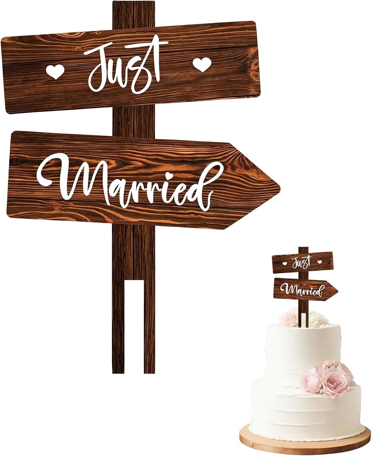 Houten taarttopper voor bruiloft met tekstdecoratie