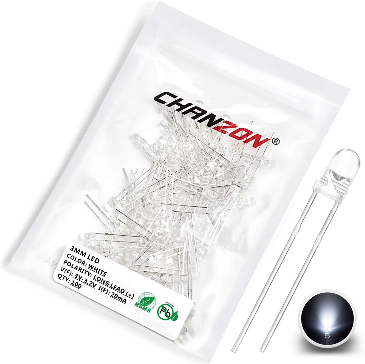 Chanzon 100pcs 3mm Flashing White LED Diode Lights 1.5Hz Flashing (Clear Round Transparent DC 3V 20mA) Bright Lighting - ShopVlot