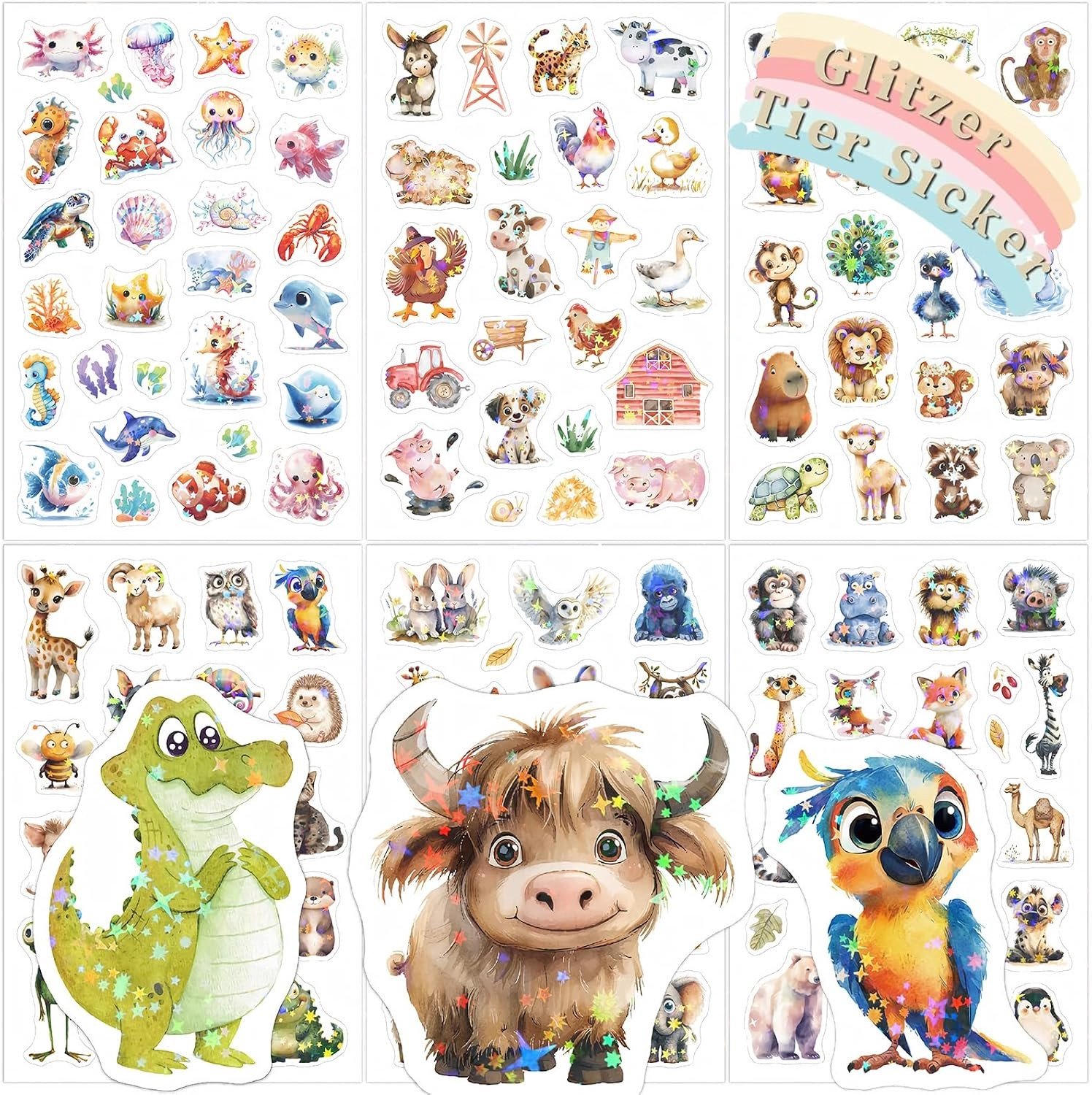 Glitter Stickers voor Kinderen - Dierenpatroon Stickers voor Scrapbooks, Albums en Cadeaus - Creatieve Versieringen