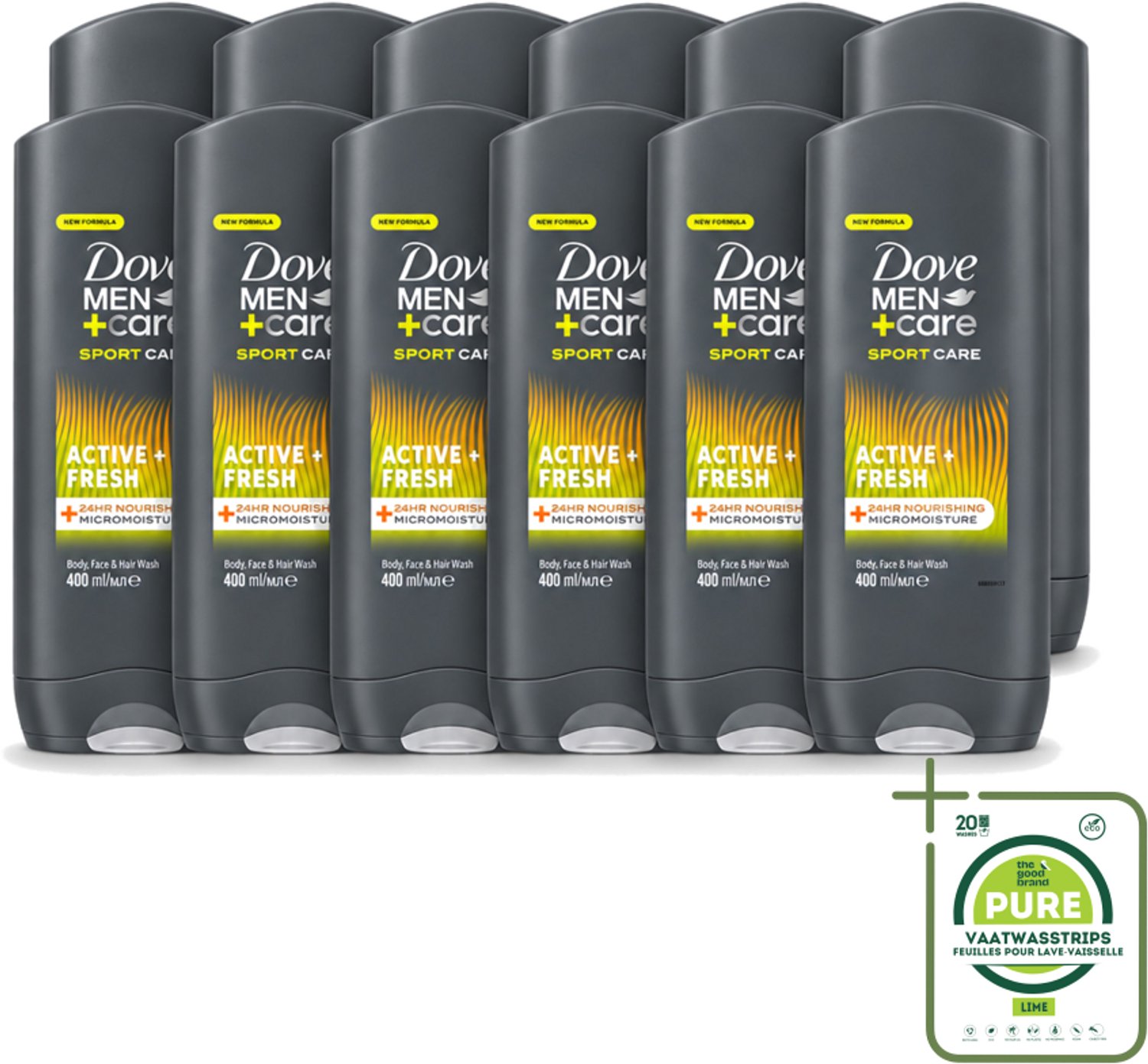 12 x Dove - Douchegel - Men+ Care Active Fresh - Verfrissend en langdurige bescherming - 400 ml - Grootverpakking - Vaatwasstrips - Douchegel - Frisse Geur - Actieve Mannen - Energie - Huidverzorging