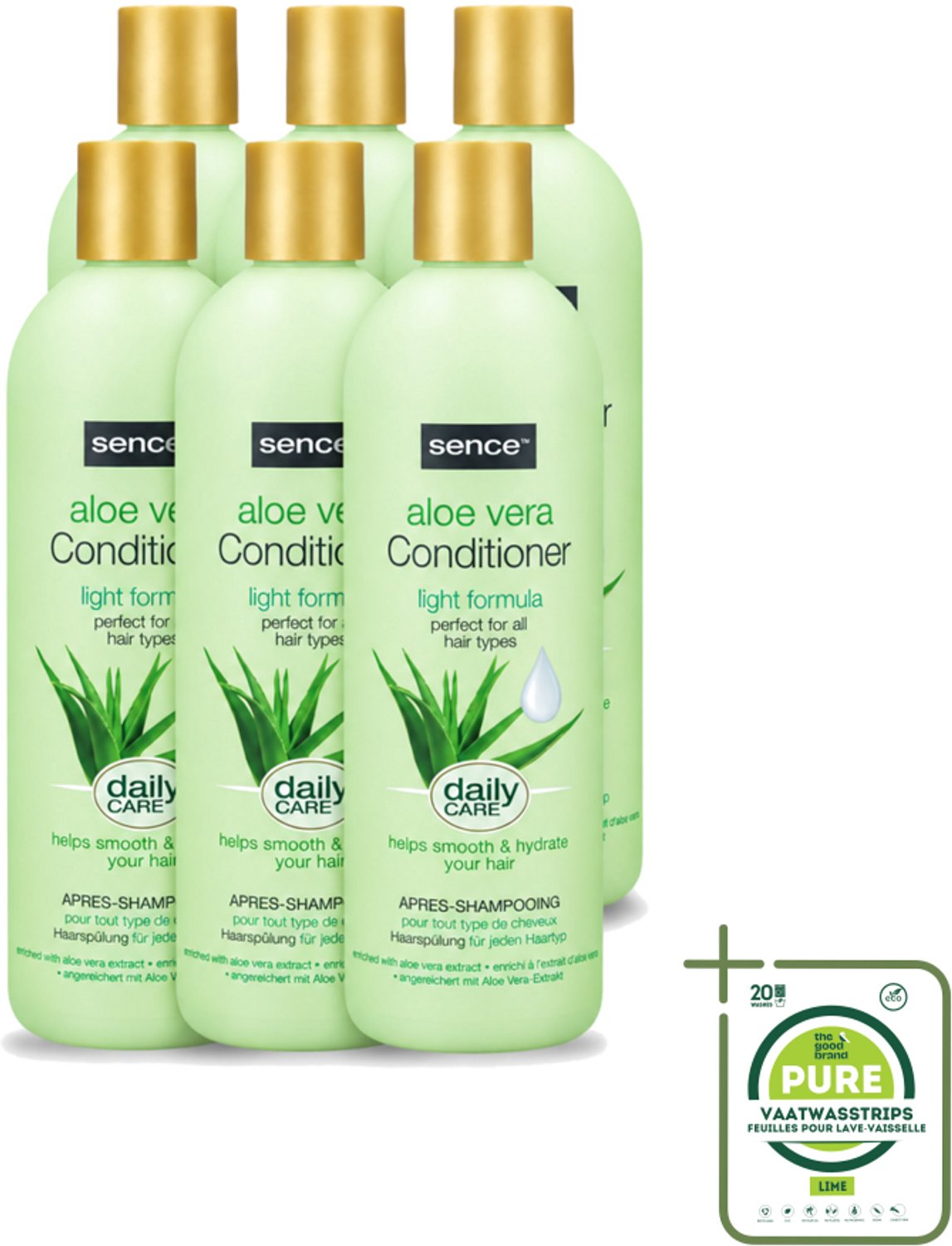 6 x Sence - Aloë Vera - Conditioner - Hydraterend - 400 ml - Grootverpakking - Vaatwasstrips - Aloë Vera Conditioner - Haarhydrateren - Droog Haar Verzorgen - Beschadigd Haar Herstellen - Haar Herstellen