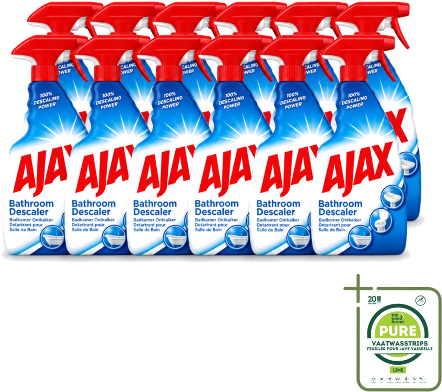 12 x Ajax - Badkamer Ontkalker Spray - Verwijdert Hardnekkig Kalk - 750 ml - Grootverpakking - Vaatwasstrips - Badkamer Ontkalker - Ontkalker Spray - Hardnekkig Vet Verwijderen - Kalkaanslag Voorkomen - Badkamer Reinigen