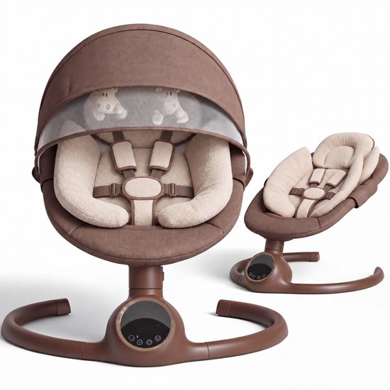 Bruine elektrische babyschommel met beige voering, zonnekap en bedieningspaneel op de voet.
