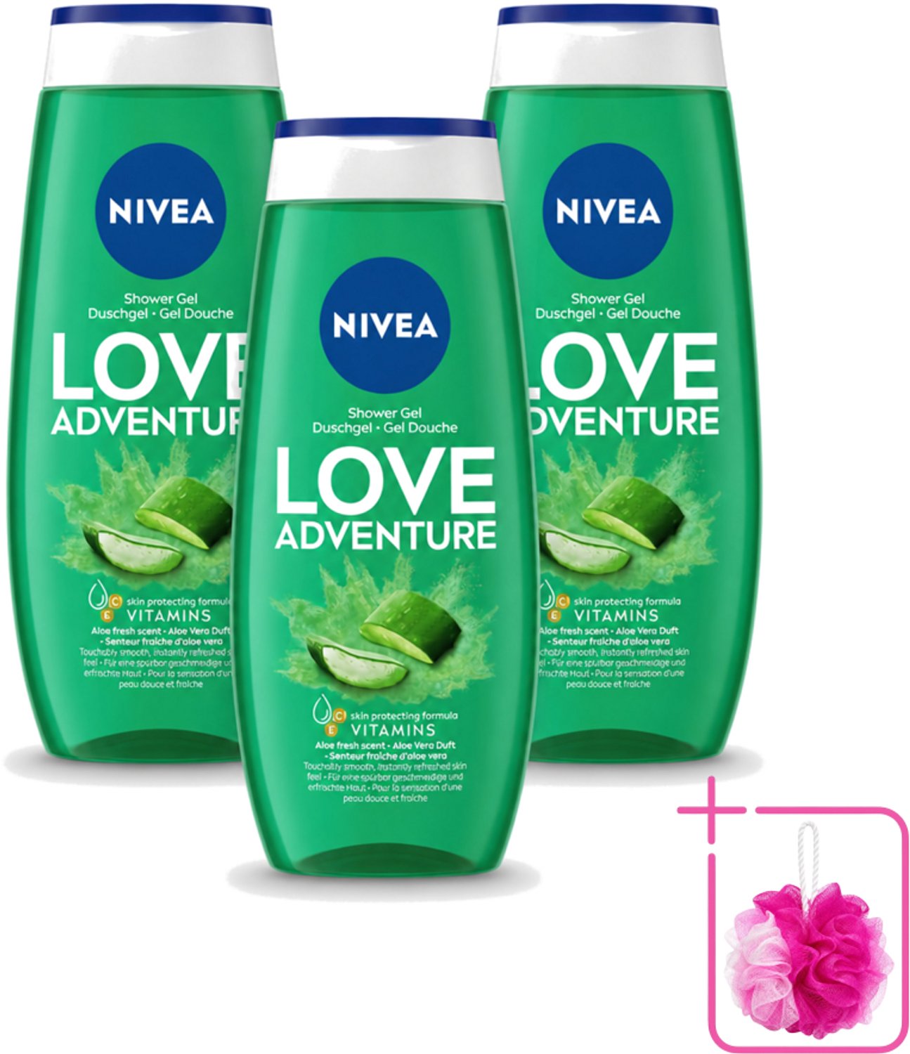 3 x Nivea - Love Adventure Douchegel - Huidbeschermend - 250 ml - Bulkverpakking - Douchegel - Douchemop - Verfrissend