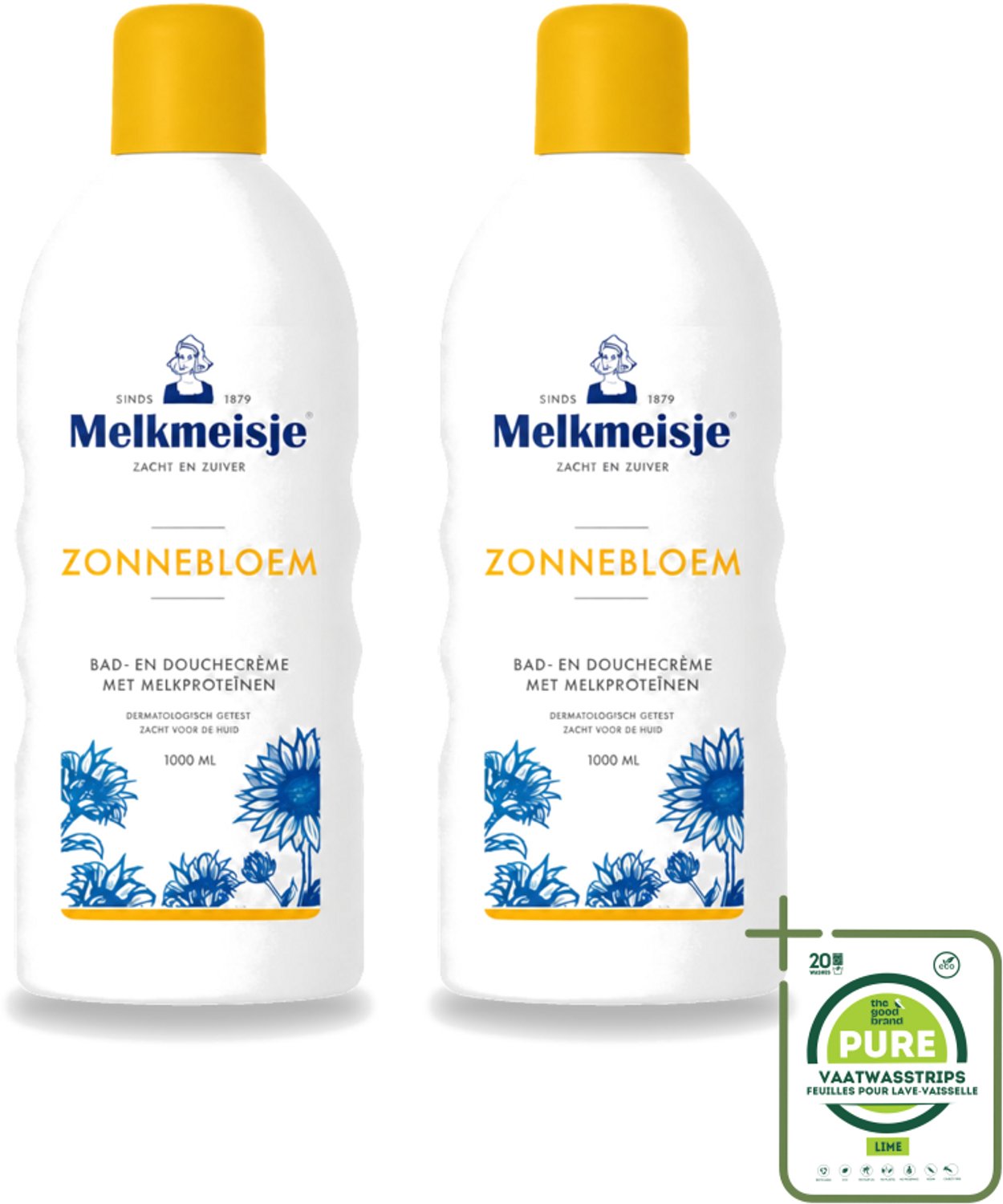 2 x Melkmeisje - Bad & Douche Zonnebloem - Romig Parfum - 1000 ml - Grootverpakking - Vaatwasstrips - Douchecrème - Melkmeisje - Zonnebloem - Huidverzorging - Melkproteïnen