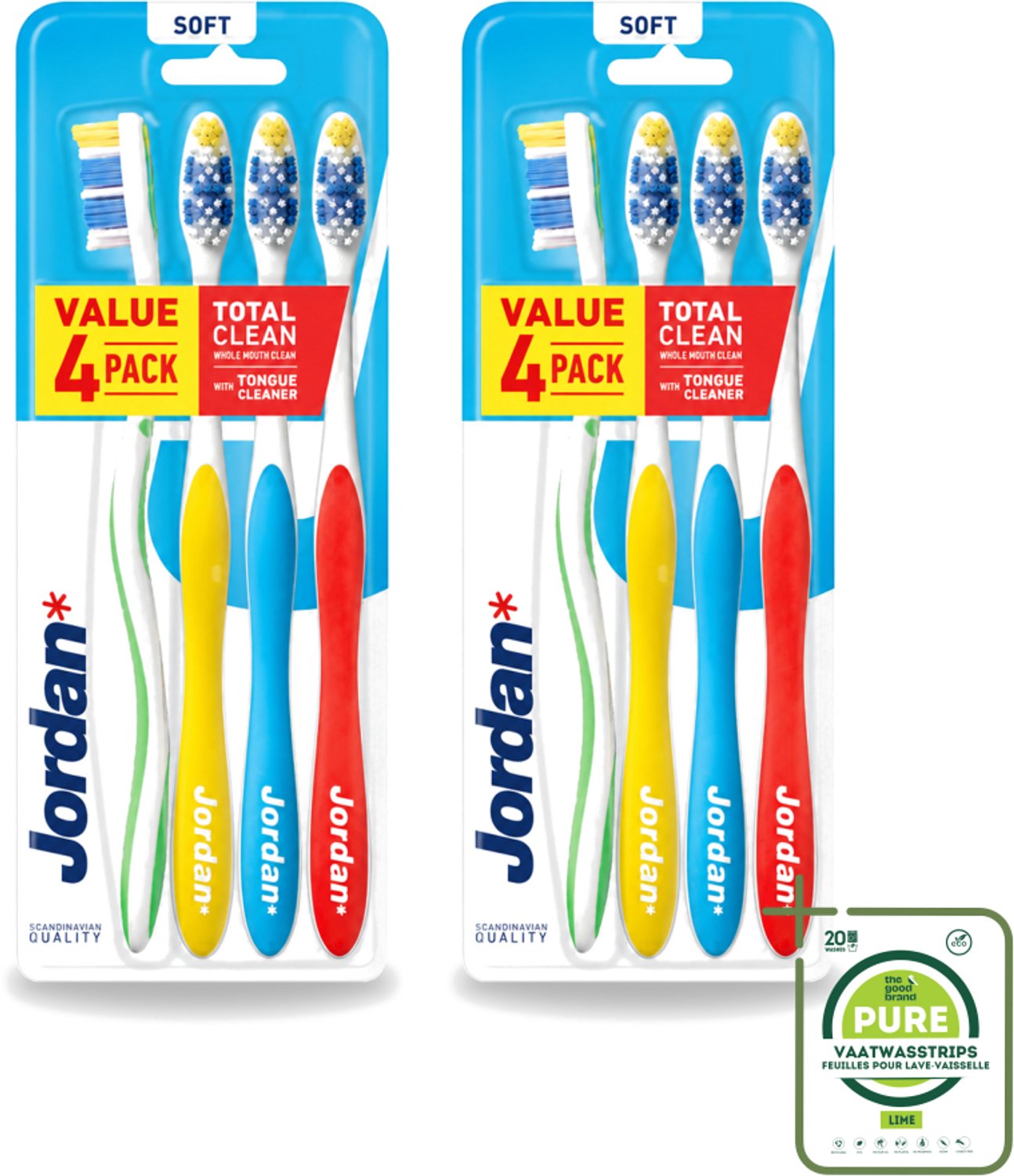 2 x Jordan - Total Clean - Tandenborstels Soft - 4 Tandenborstels - Grootverpakking - Tandenborstel - Mondverzorging - Tandenborstel Set - Tandplak Verwijderen - Tandvlees Verzorgen