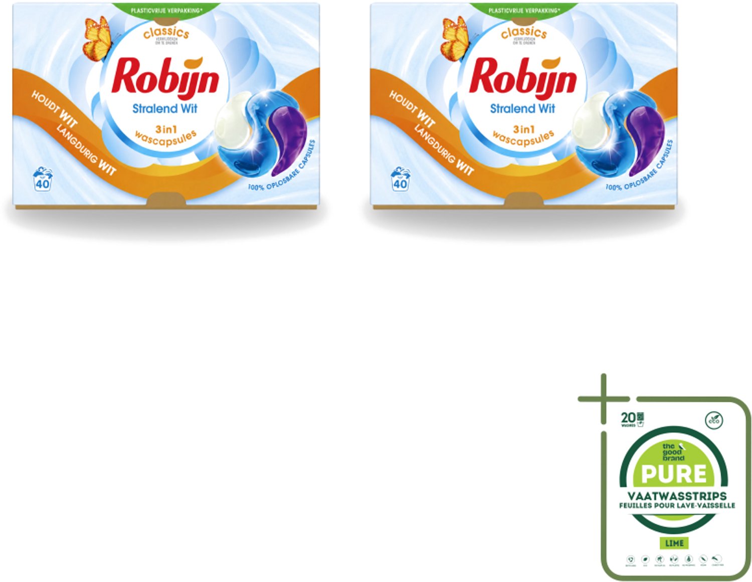 2 x Robijn - Stralend Wit - 3-in-1 Wascapsules - Houdt Langdurig Wit - 40 Wascapsules - Grootverpakking - Vaatwasstrips - Wit Was - Wascapsules - Wasverzorging - Wasgeur - Wasroutine