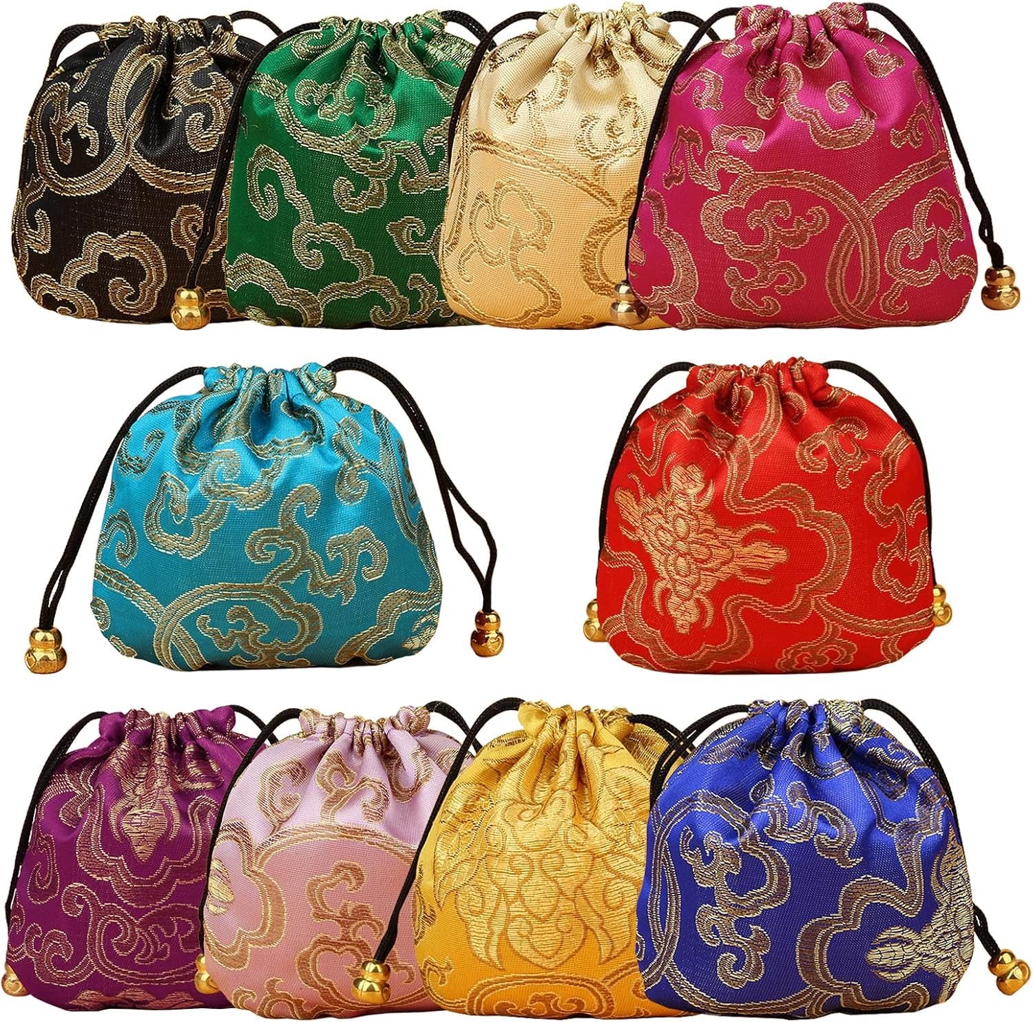 Set van 10 Luxe Zijde en Brocade Trekkoord Tassen voor Sieraden, Cadeaus en Kleine Voorwerpen - 11 cm, 10 Kleuren