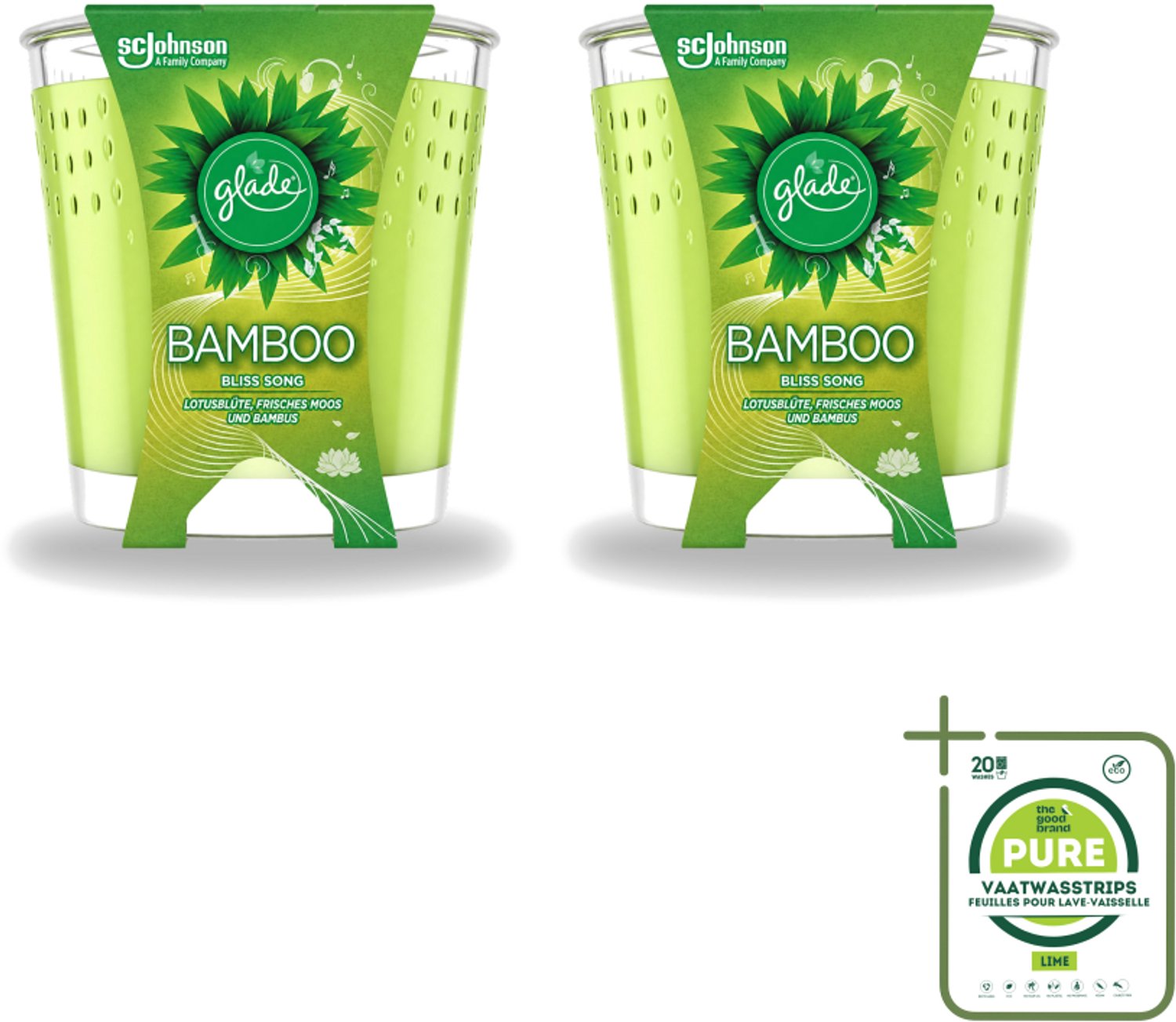 2 x Glade - Geurkaars - Bamboo Bliss Song - Frisse Geur & Relaxatie - 129 g - Grootverpakking - Vaatwasstrips - Geurkaars - Bamboe Geur - Rustgevende Geur - Geur In Huis - Ontspanning