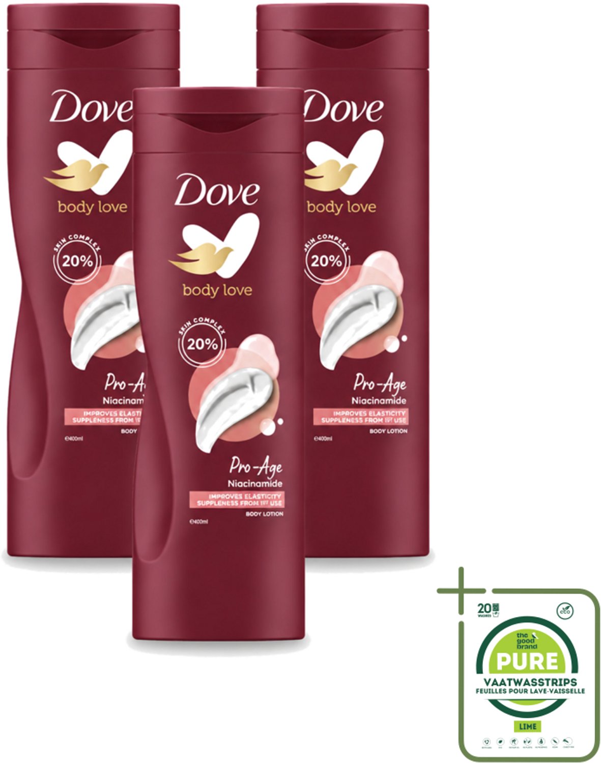 3 x Dove – Bodylotion – Body Love Pro Age – 400 ml - Grootverpakking - Vaatwasstrips - Hydratatie Huid - Bodylotion Voor Rijpere Huid - AHA Complex - Niacinamide - Huidverzorging