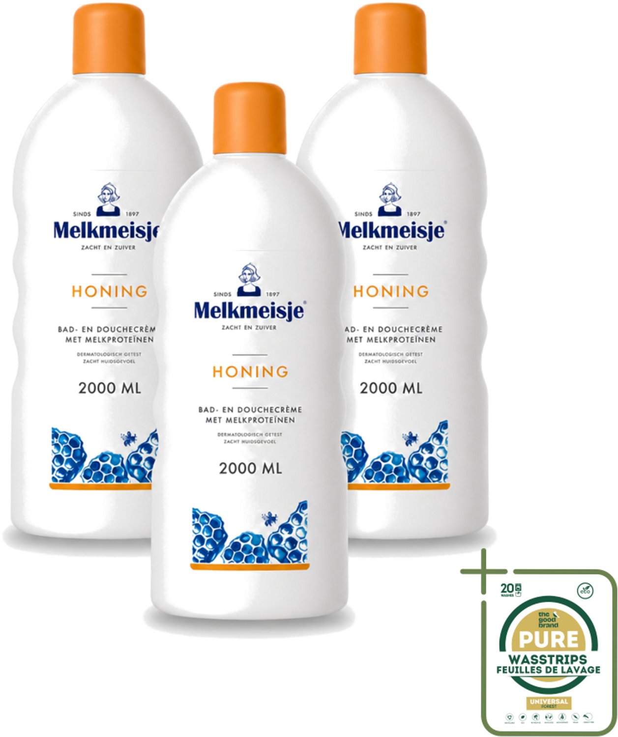 3 x Melkmeisje – Bad & Douche – Honing – 2000 ml - Wasstrips - Melkmeisje Bad En Douche - Honing Crème - Melkproteïnen - Hydratatie - Voeding Huid