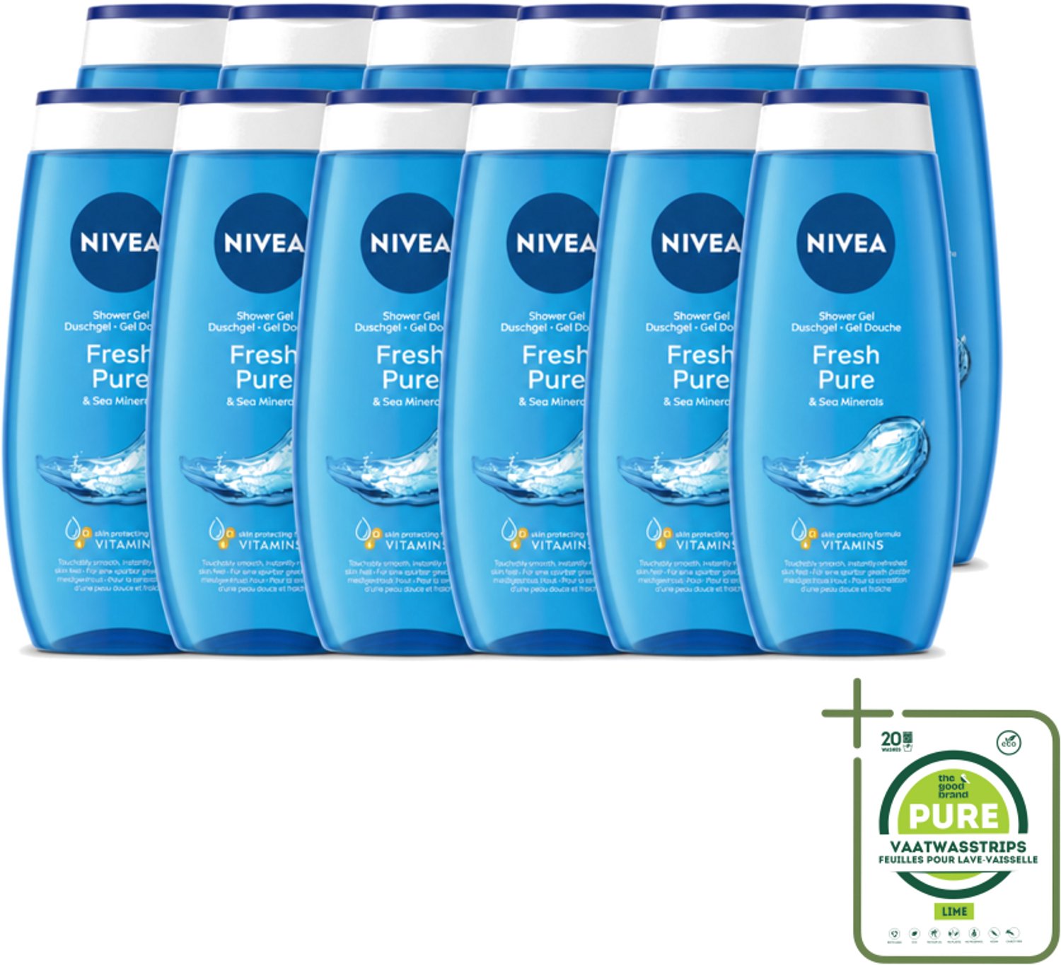 12 x Nivea – Douchegel – Fresh Pure – 250 ml - Grootverpakking - Vaatwasstrips - Douchegel - Huidverzorging - Frisheid - Vitamine C - Vitamine E