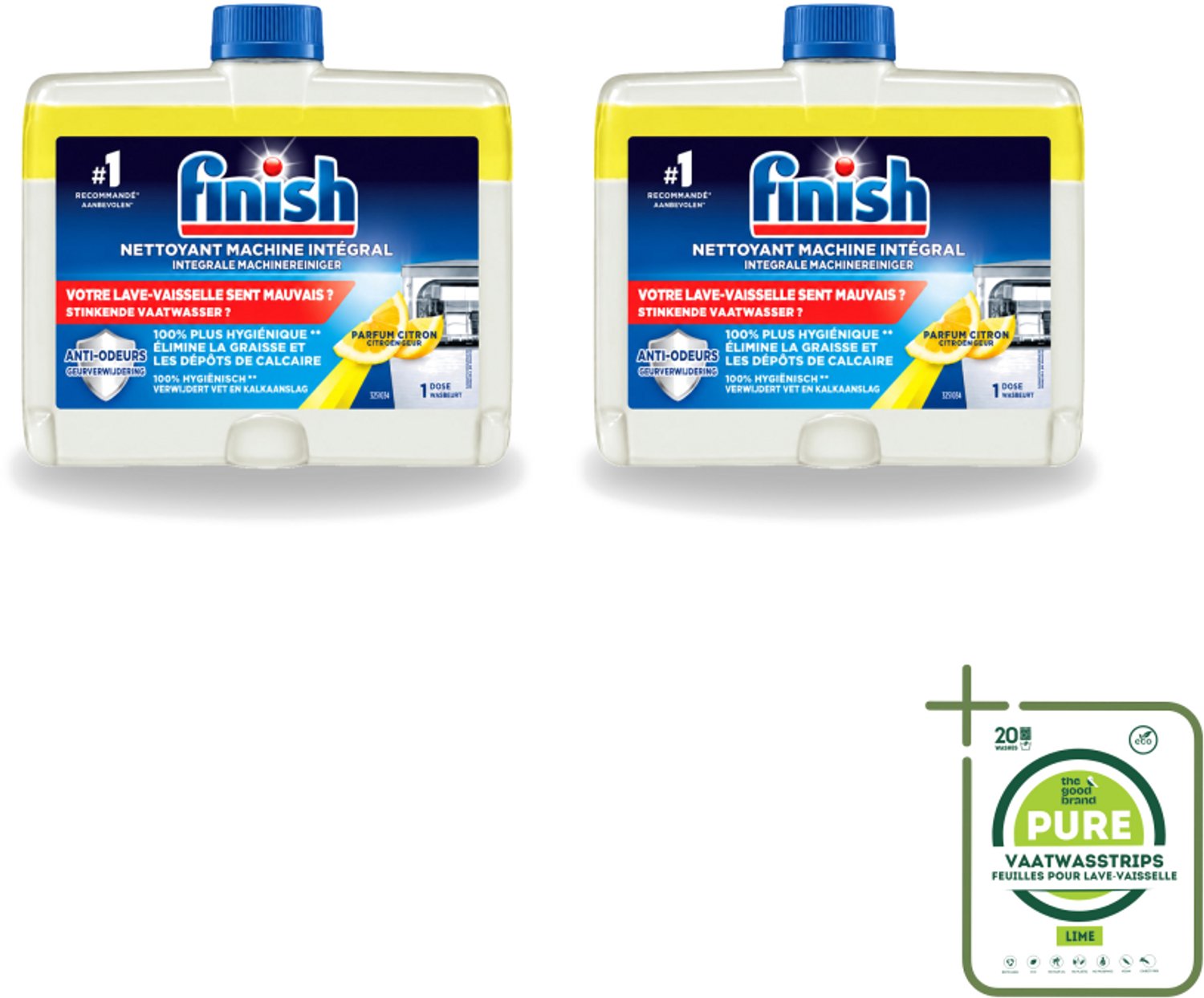 2 x Finish – Machinereiniger – Hygiene Lemon – 250 ml - Grootverpakking - Vaatwasstrips - Vaatwasser Reinigen - Vaatwasser Reinigingsmiddel - Citroengeur - Kalkaanslag Verwijderen - Vet Verwijderen