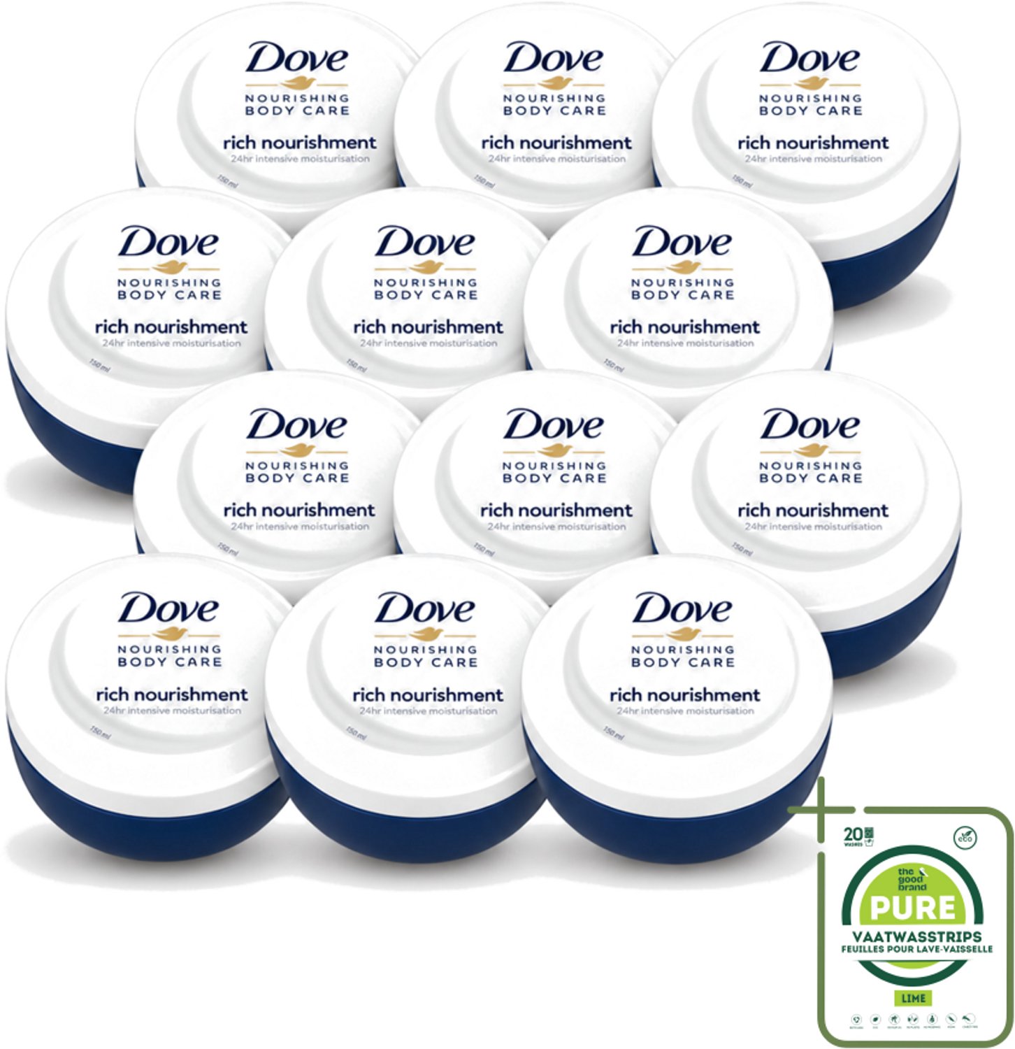 12 x Dove – Bodycrème – Voedende Crème – 150 ml - Grootverpakking - Vaatwasstrips - Voedende Crème - Huid Verzorging - Hydraterende Crème - Huid Bescherming - Huid Zacht Maken