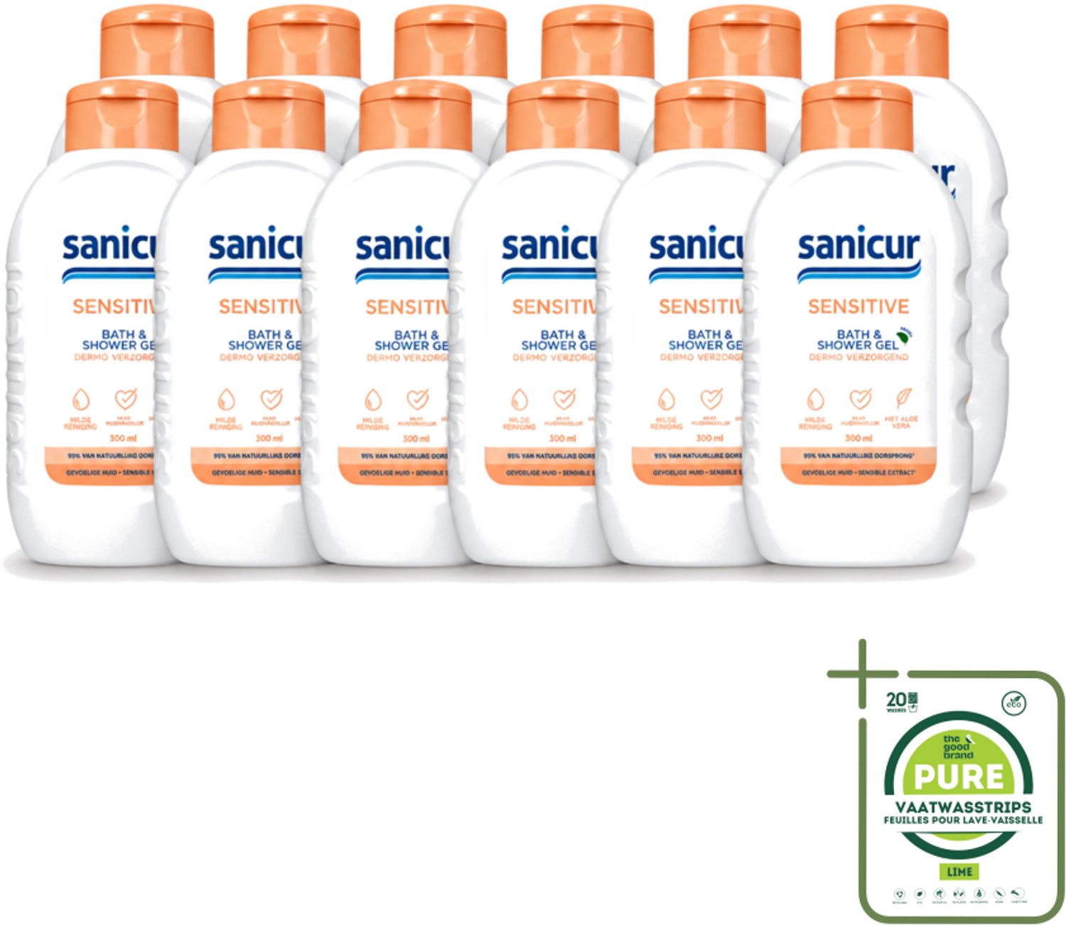 12 x Sanicur – Bad & Douchegel – Sensitive – 300 ml - Grootverpakking - Vaatwasstrips - Gevoelige Huid - Bad En Douchegel - Zachte Reiniging - Kamille Extract - Huidbeschermend