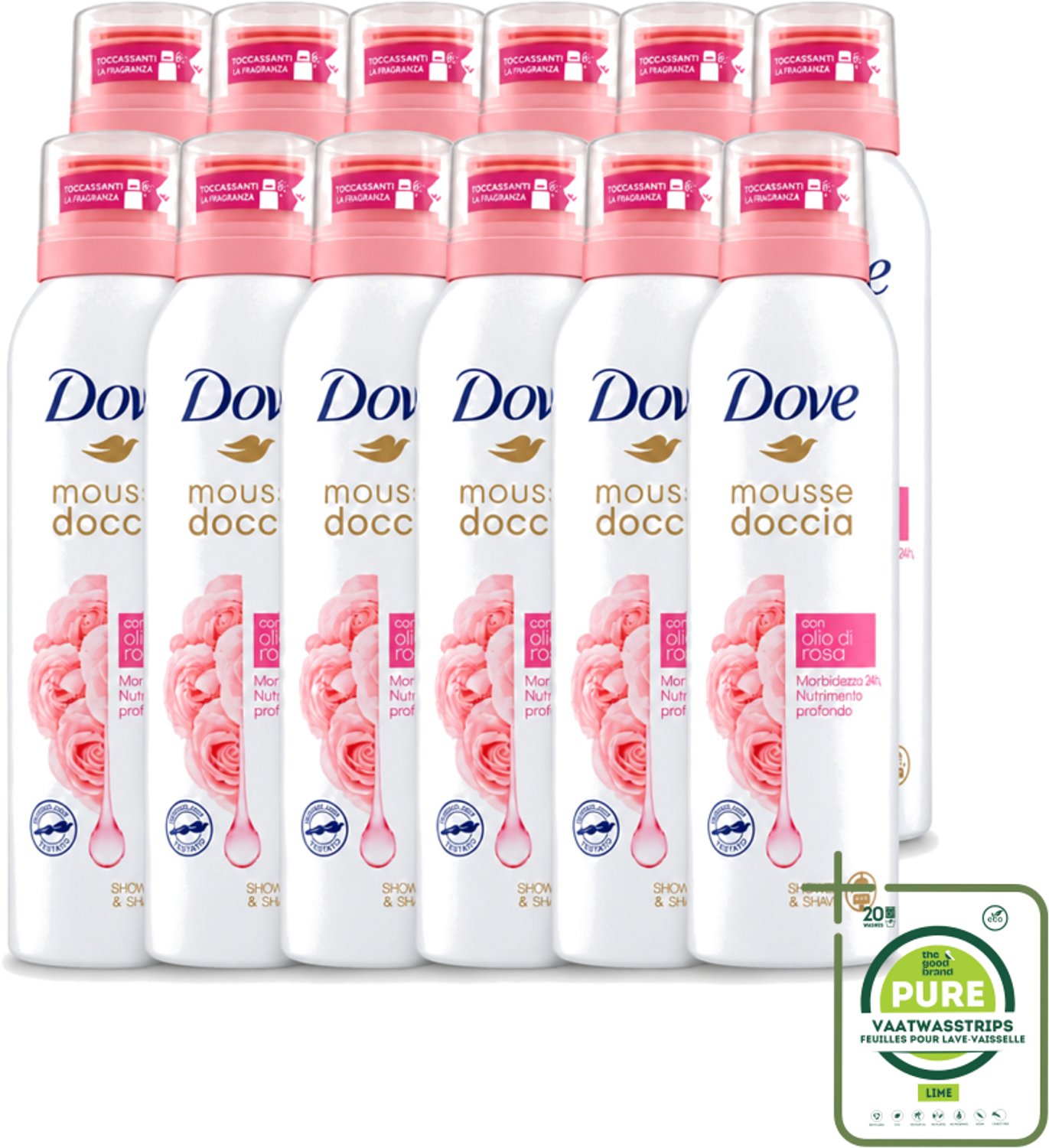 12 x Dove – Douchefoam – Rose Oil – 200 ml - Grootverpakking - Vaatwasstrips - Douchefoam - Rozenolie - Huidverzorging - Hydratatie - Schuim