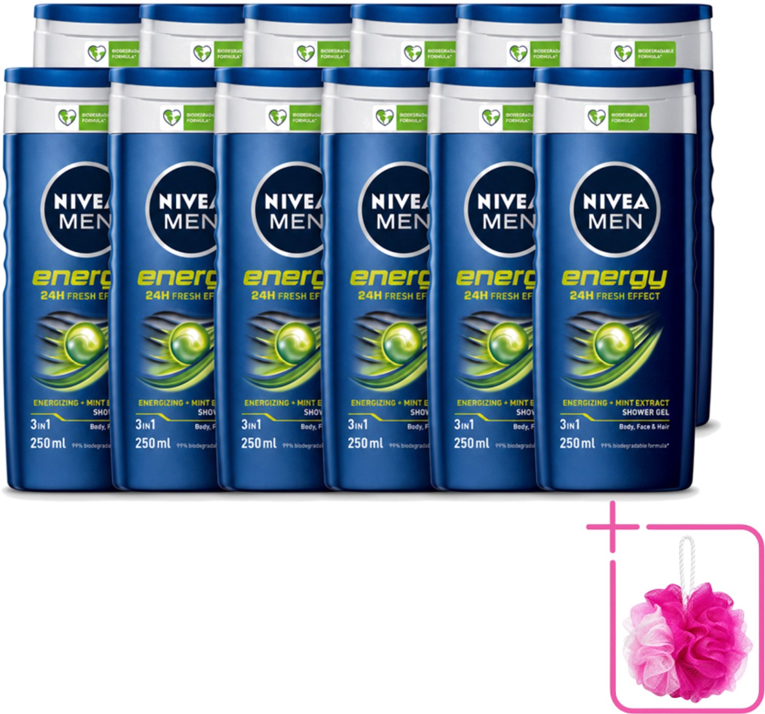 12 x Nivea - Men - Energy Douchegel - Langdurig Fris Gevoel - 250 ml - Bulkverpakking - Douchegel voor mannen - Douchemop - Energieboost