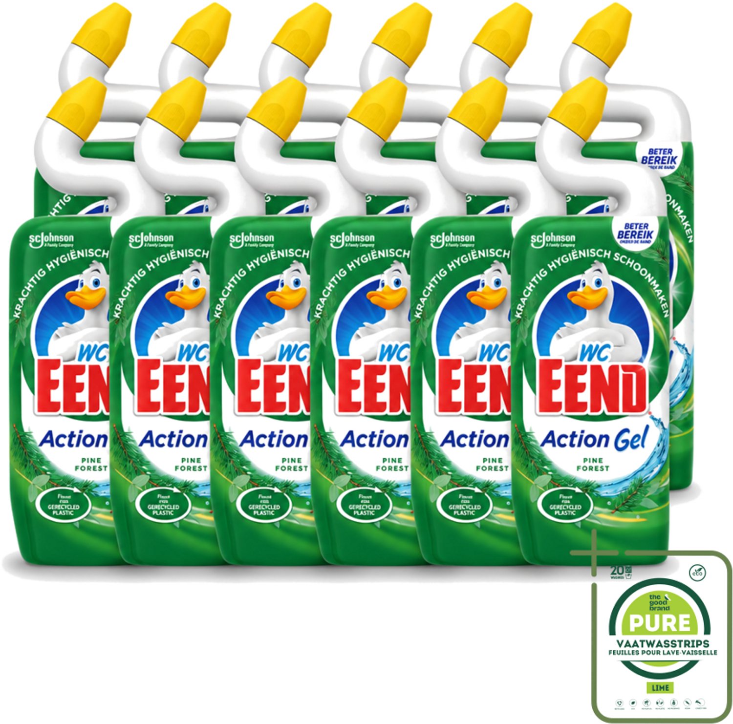 12 x WC Eend - Toiletreiniger - Action Gel - Pine Forest - Krachtige Reiniging & Frisse Dennengeur - 750 ml - Grootverpakking - Vaatwasstrips - Toiletreiniger - Reinigingsgel - Kalkverwijdering - Urinesteen - Fris Ruiken