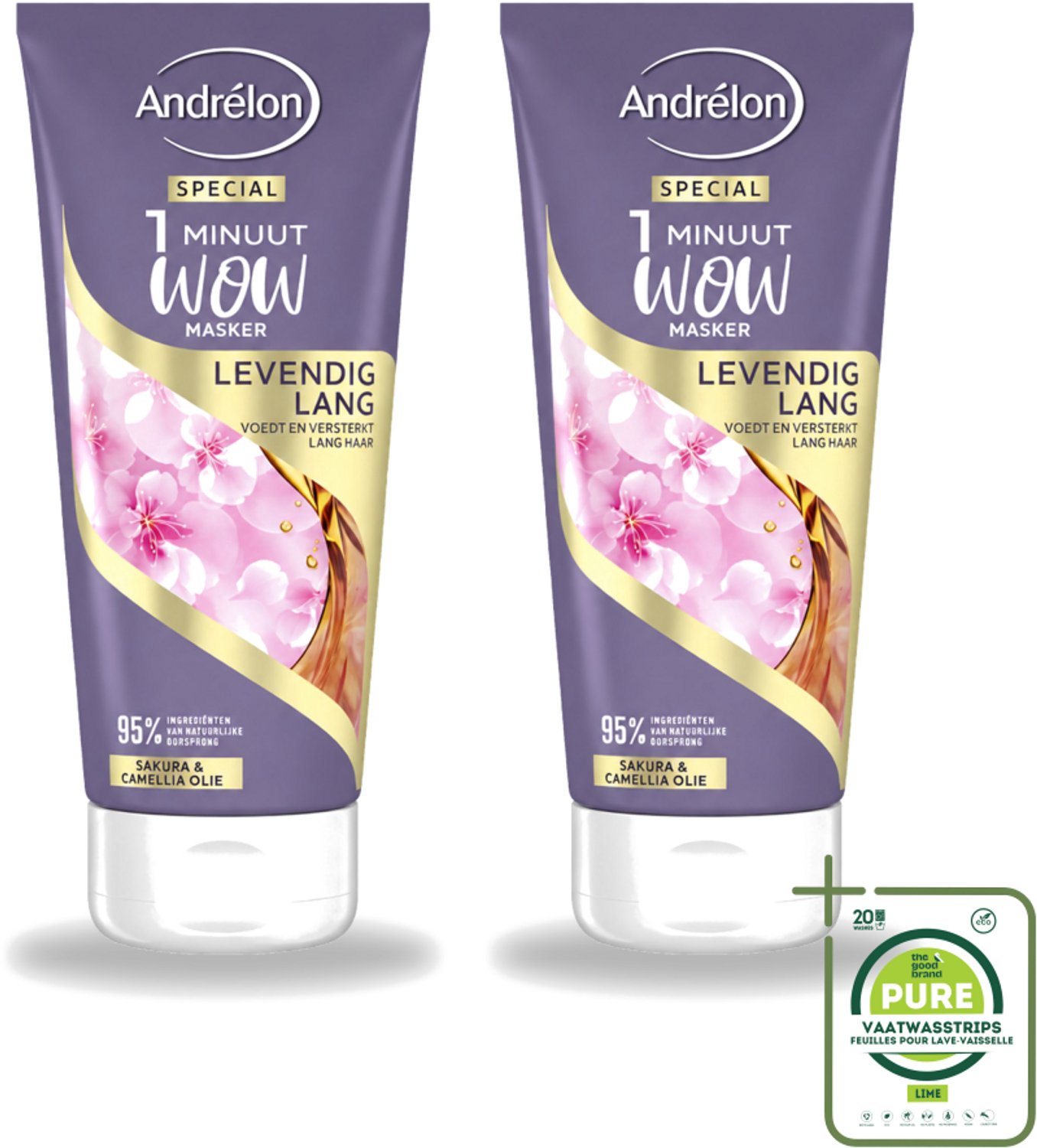 2 x Andrélon - 1 Minuut Wow Haarmasker - Levendig Lang - 180 ml - Grootverpakking - Vaatwasstrips - 1 Minuut Masker - Lang Haar Masker - Haarmasker - Haar Herstel - Haar Verzorging