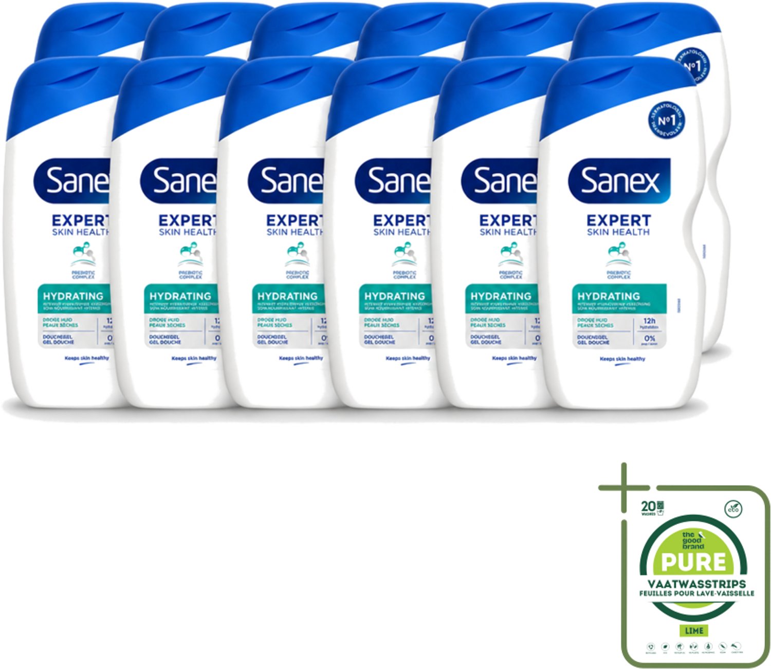 12 x Sanex - Douchegel - Expert Skin Health Hydrating - Hydrateert de Huid - 400 ml - Grootverpakking - Vaatwasstrips - Hydratatie Huid - Douchegel Huid - Gezonde Huid - Vochtbalans Huid - Glycerine Huid