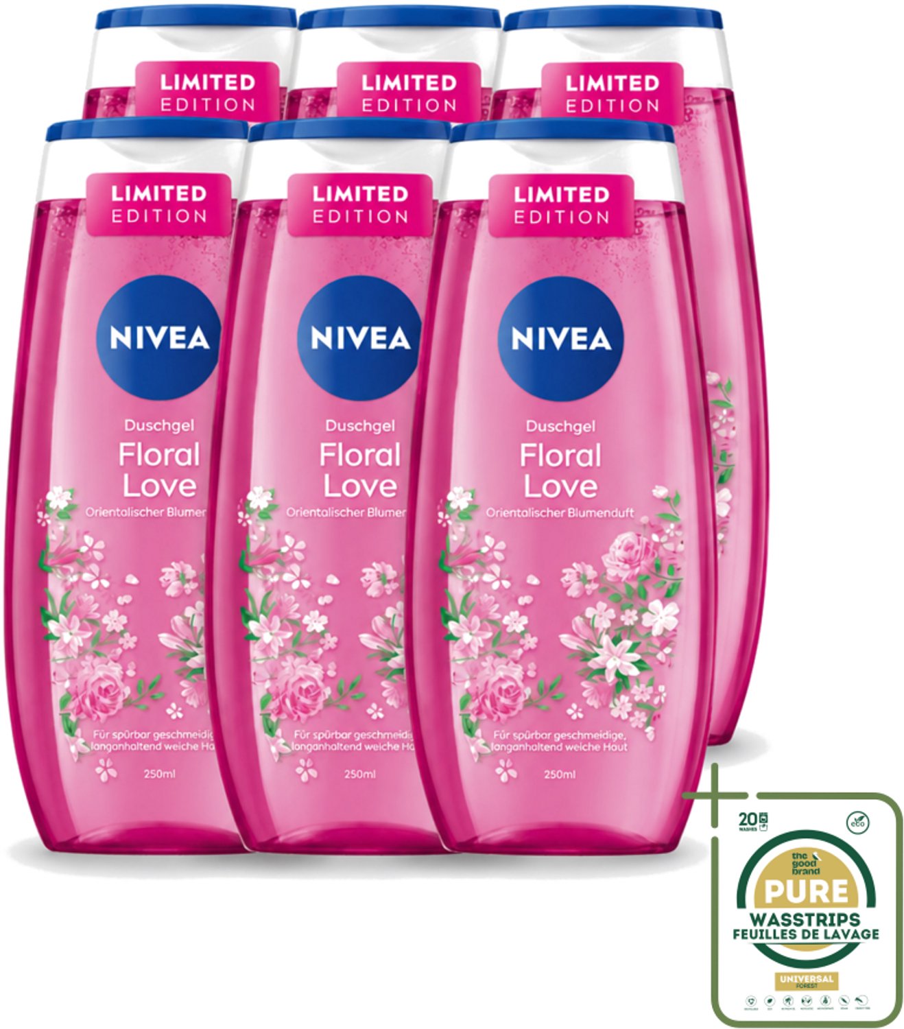 6 x Nivea – Douchegel – Floral Love – 250 ml - Wasstrips - Douchegel - Bloemige Geur - Zachte Huid - Verzorgende Douche - Huidverzorging