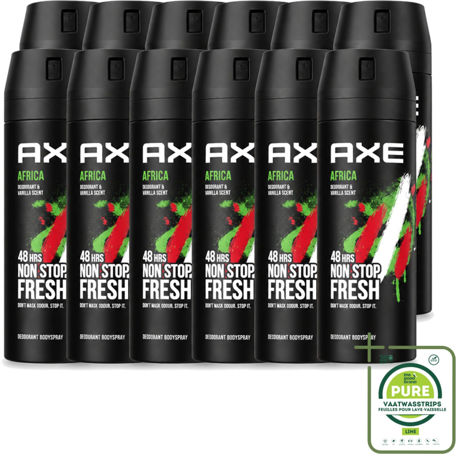 12 x Axe – Deodorant Spray – Africa – 150 ml - Grootverpakking - Vaatwasstrips - Axe Deodorant - Deodorant Spray - Zweetgeur Bestrijding - Mannelijke Geur - Frisheid