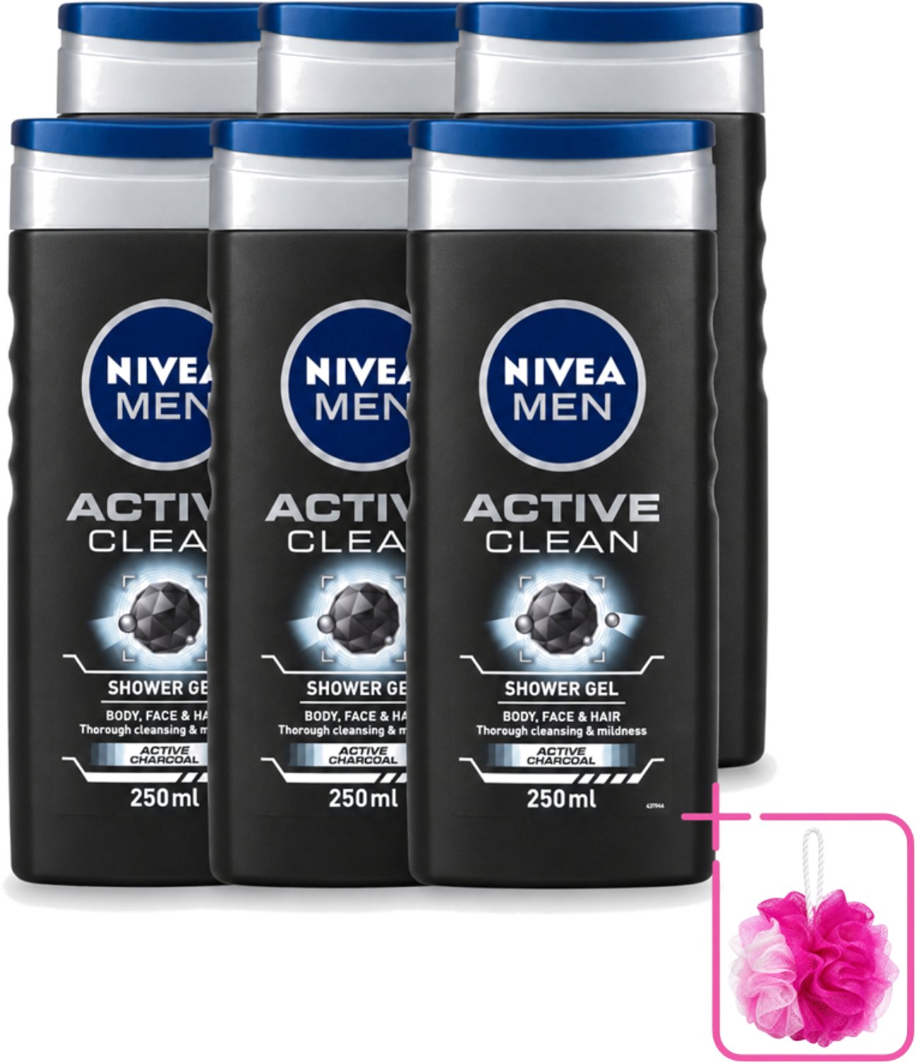 6 x Nivea Men – Douchegel – Active Clean – 250 ml - Bulkverpakking - Douchegel mannen - Douchemop - Reiniging huid