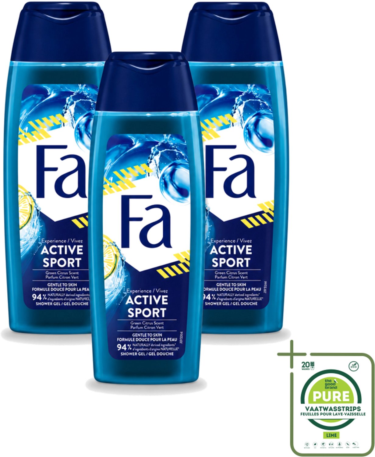 3 x Fa Men - Douchegel - Active Sport - Verfrissend - Green Citrus - 250 ml - Grootverpakking - Vaatwasstrips - Deodorant Spray - Sport Deodorant - 48 Uur Bescherming - Zweet En Geur - Verfrissende Geur