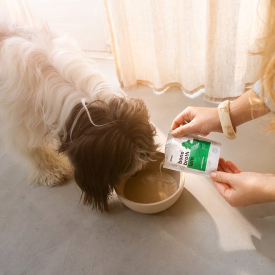Een hond drinkt uit een kom terwijl iemand de 'bone broth lam' zak aanbiedt.