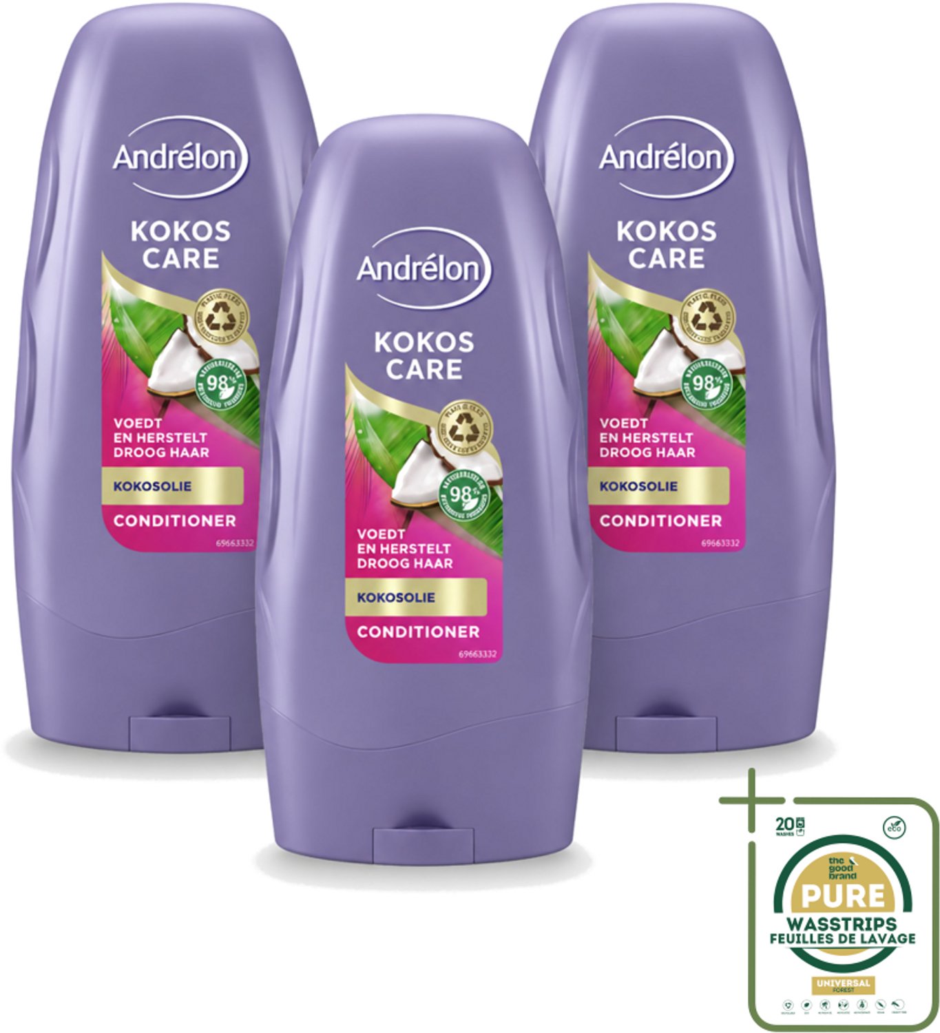 3 x Andrélon - Kokos Care - Conditioner - Diepe Hydratatie - 250 ml - Wasstrips - Droog Haar - Beschadigd Haar - Kokosolie - Kokosmelk - Hydraatatie