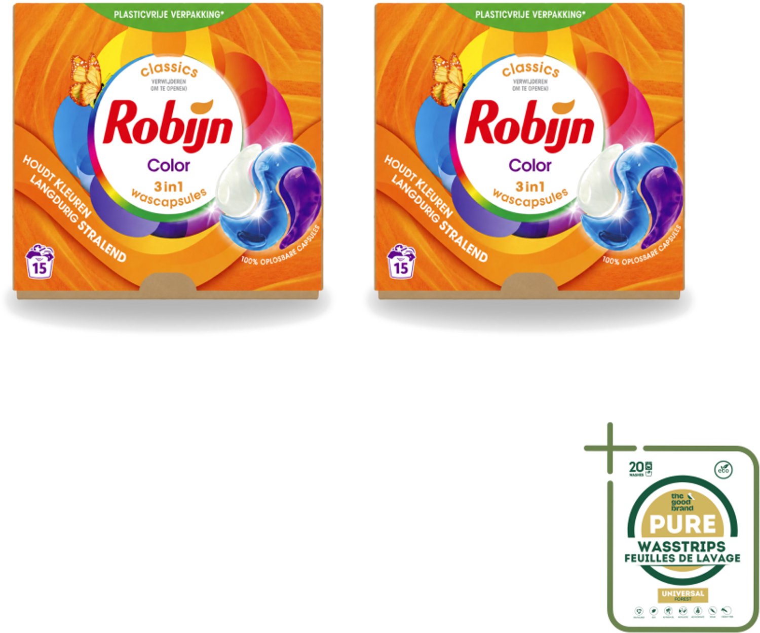 2 x Robijn – 3-in-1 Wascapsules – Color – 15 capsules - Wasstrips - Kleurbehoud - Wascapsules - Wasverzachter - Wasgeur - Biologisch Afbreekbaar