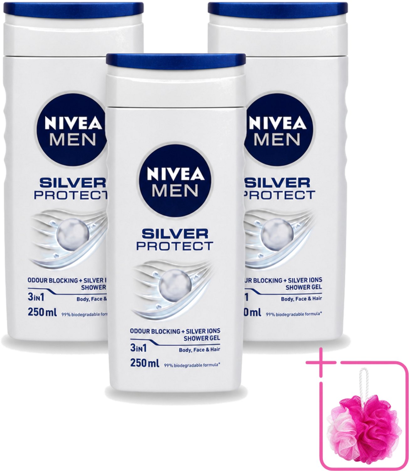 3 x Nivea Men – Douchegel – Silver Protect – 250 ml - Bulkverpakking - Douchegel mannen - Douchemop - Zilverionen