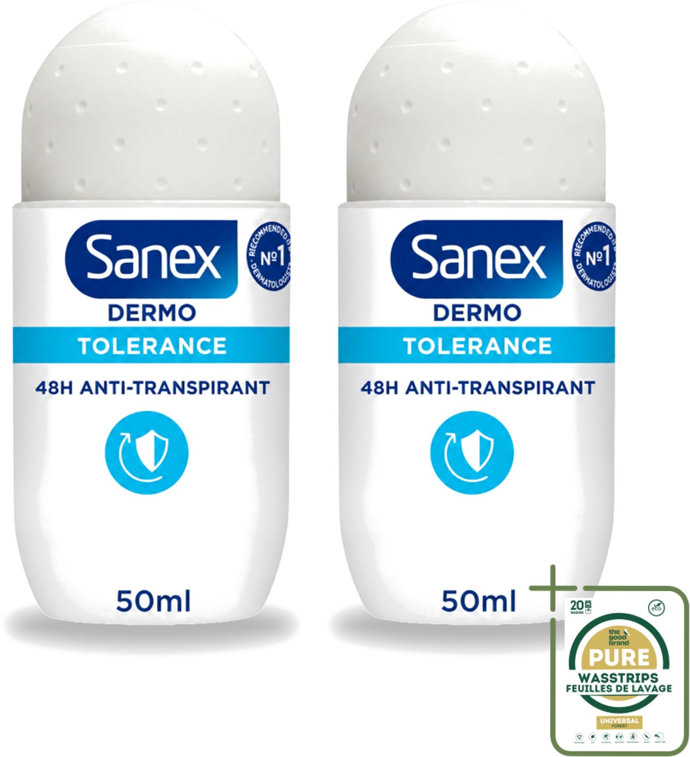 2 x Sanex – Deo Roll-on – Dermo Tolerance – 50 ml - Wasstrips - Gevoelige Huid - Intolerante Huid - Hypoallergene Deodorant - Huidverdraagzaamheid - Geurcontrole
