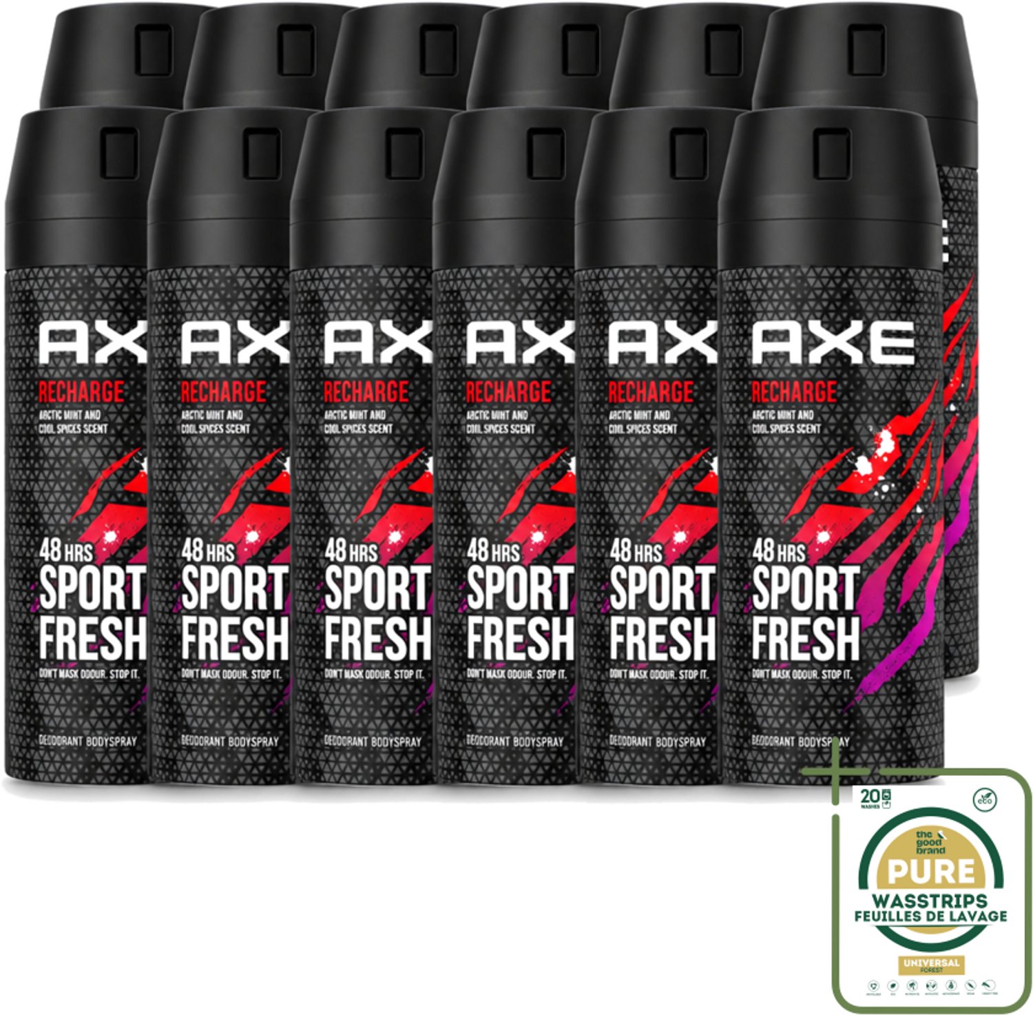 12 x Axe - Deodorant Bodyspray - 48hrs Sport Fresh - Recharge - Arctic Mint & Cool Spices - 150 ml - Wasstrips - Axe Deodorant - Sport Fresh - Deodorant Bodyspray - Axe Recharge - Axe Ice Chill