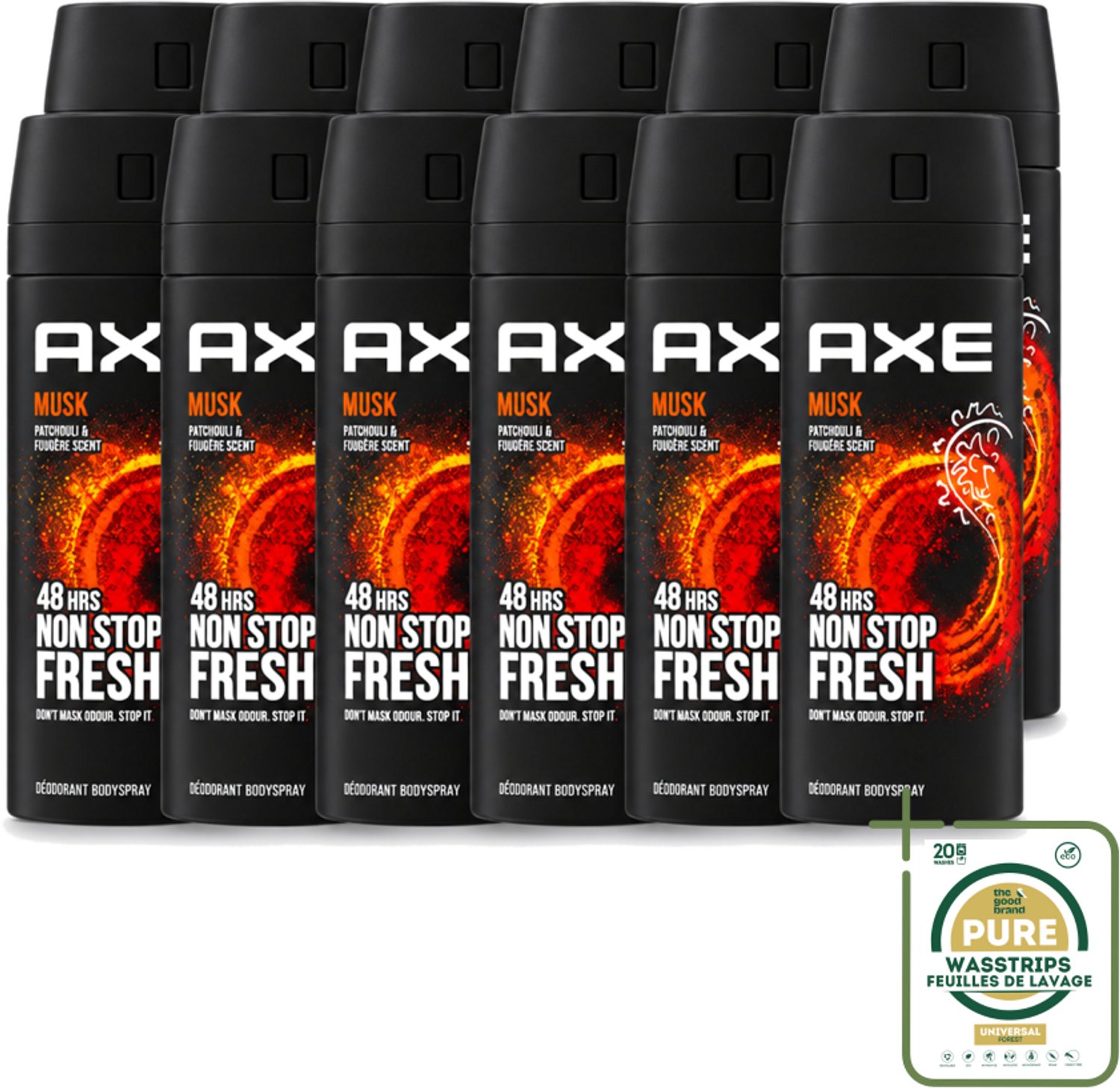 12 x Axe - Deodorant Bodyspray - 48hrs Non Stop Fresh - Musk - Patchouli & Fougere - 150 ml - Wasstrips - Axe Musk Deodorant - Musk Deodorant - Deodorant Bodyspray - 48h Fresh - Musk Geur