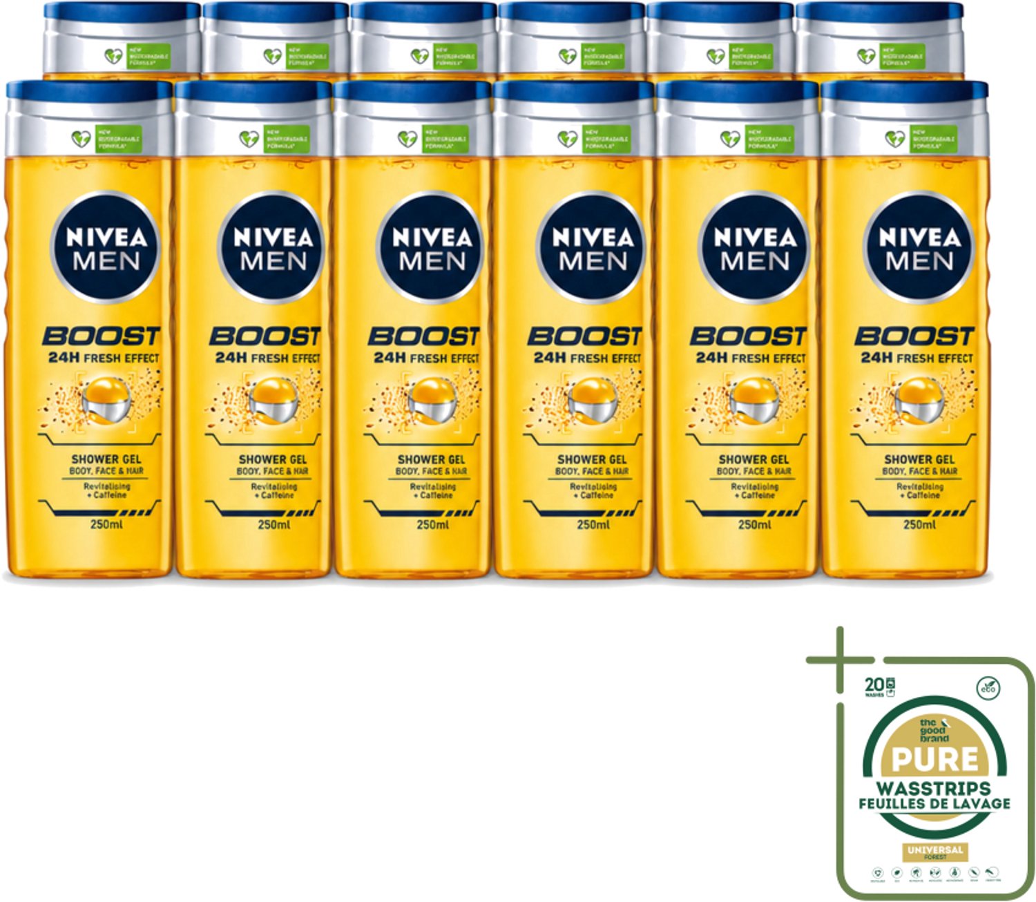 12 x Nivea - Men - Boost Douchegel - 24 Uur Lang Effect - 250 ml - Wasstrips - Douchegel - Cafeïne - Energieboost - Fris Effect - Verfrissend