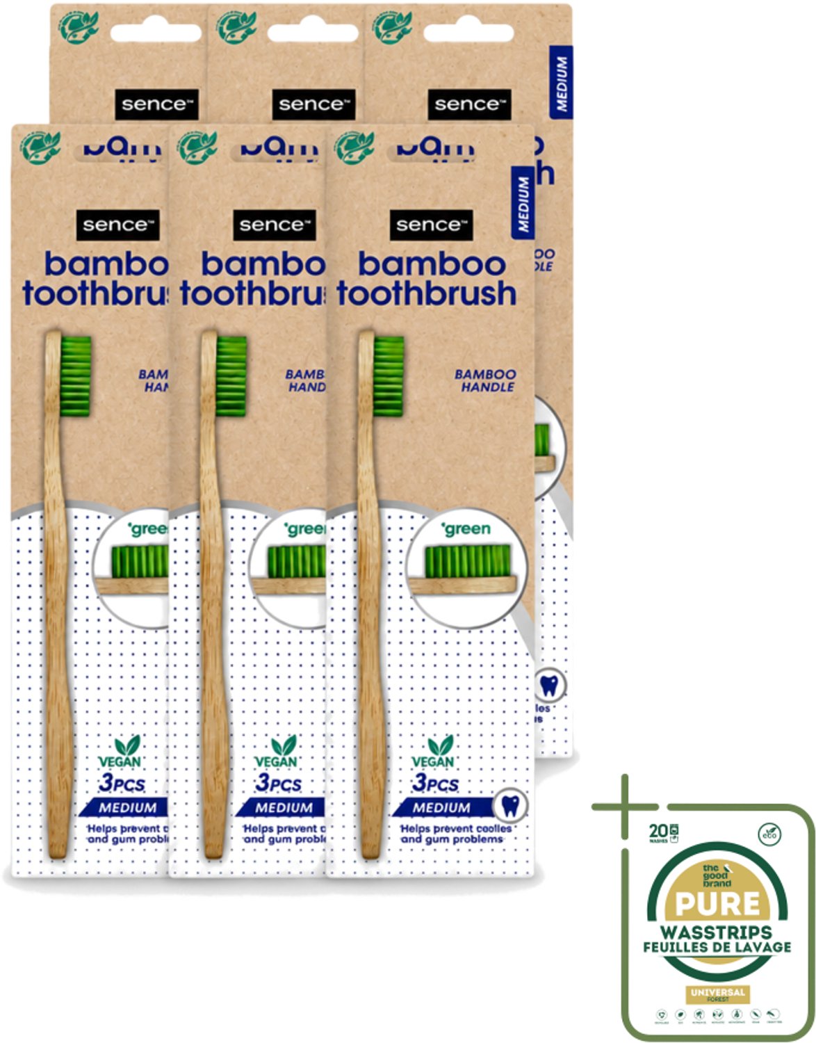 6 x Sence - Bamboo - Tandenborstels - Medium - Set van 3 - Groen - Wasstrips - Tandenborstel - Bamboo Tandenborstel - Duurzaam Tandenborstel - Vegan Tandenborstel - Plasticvrije Tandenborstel
